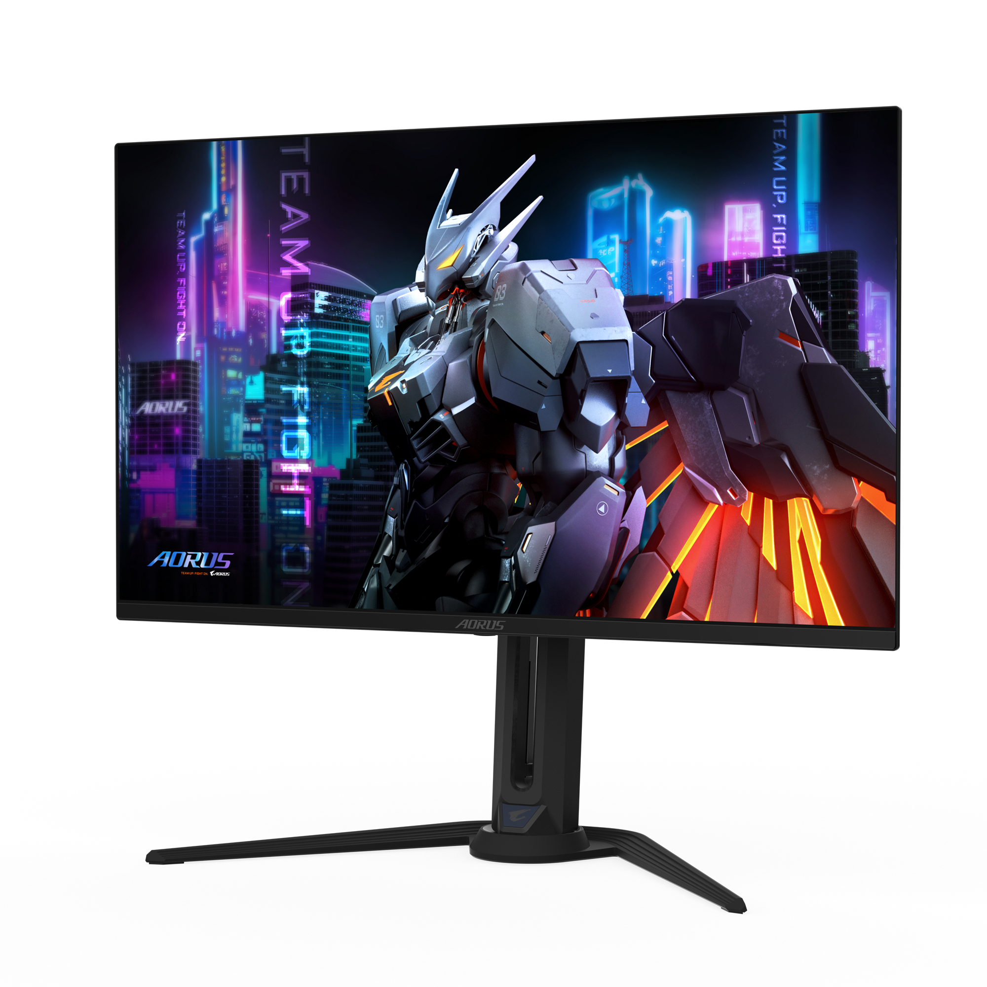 Un monitor gaming muestra un robot futurista en una ciudad de neón. Team Up. Fight On.