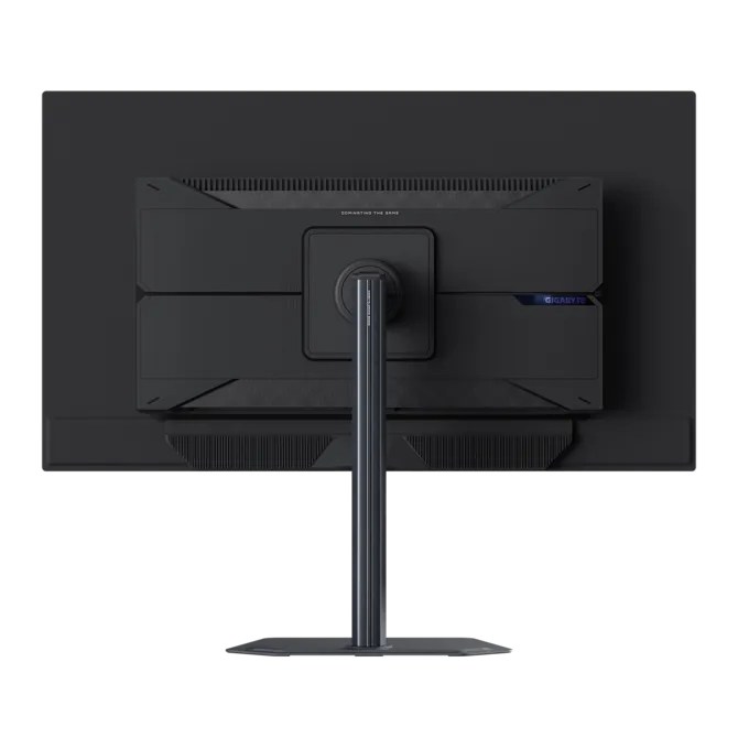 Parte trasera de un monitor negro con soporte plateado sobre fondo negro.