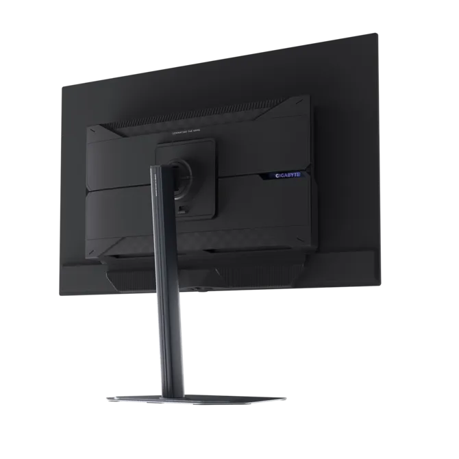 Vista trasera de un monitor negro con logo Gigabyte y soporte delgado.