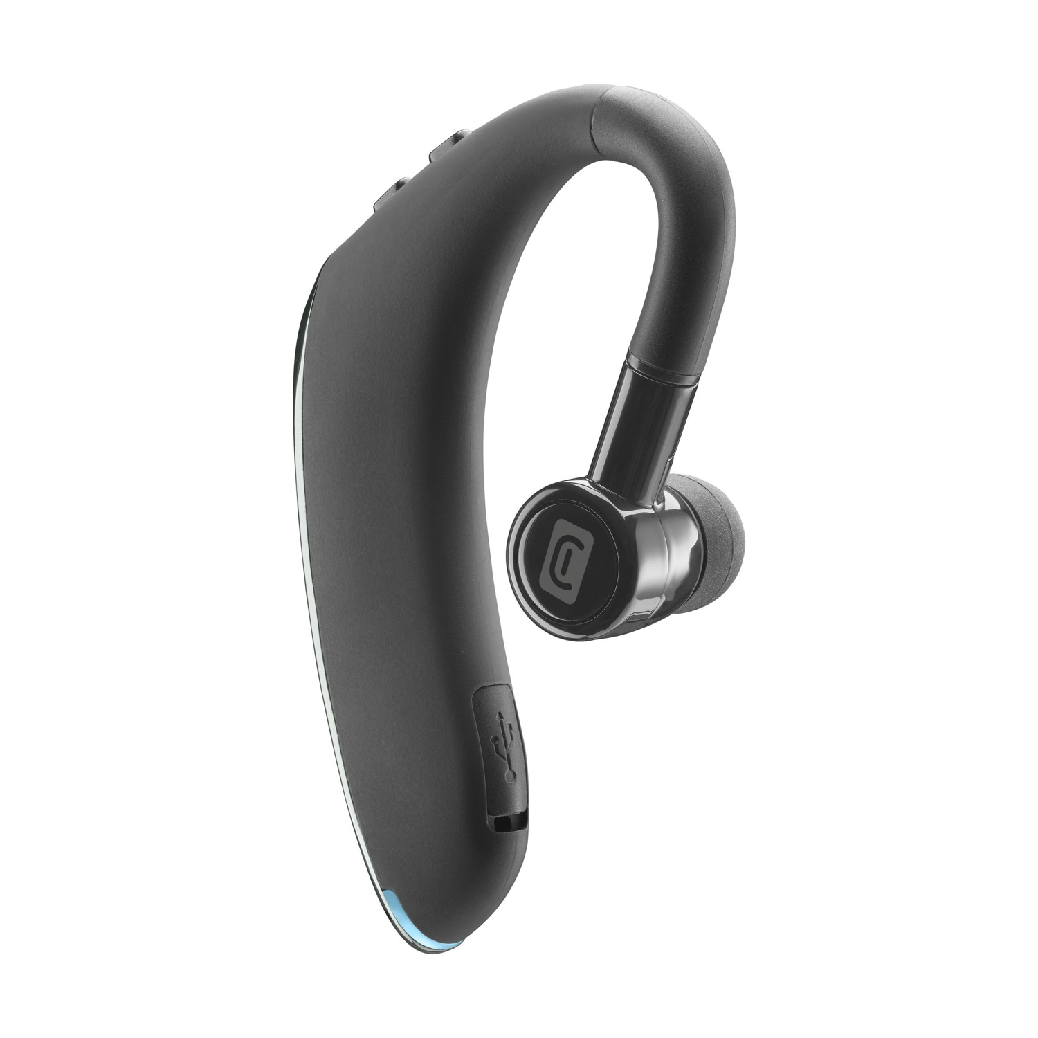 Auricolare Bluetooth nero con porta USB e striscia luminosa blu.