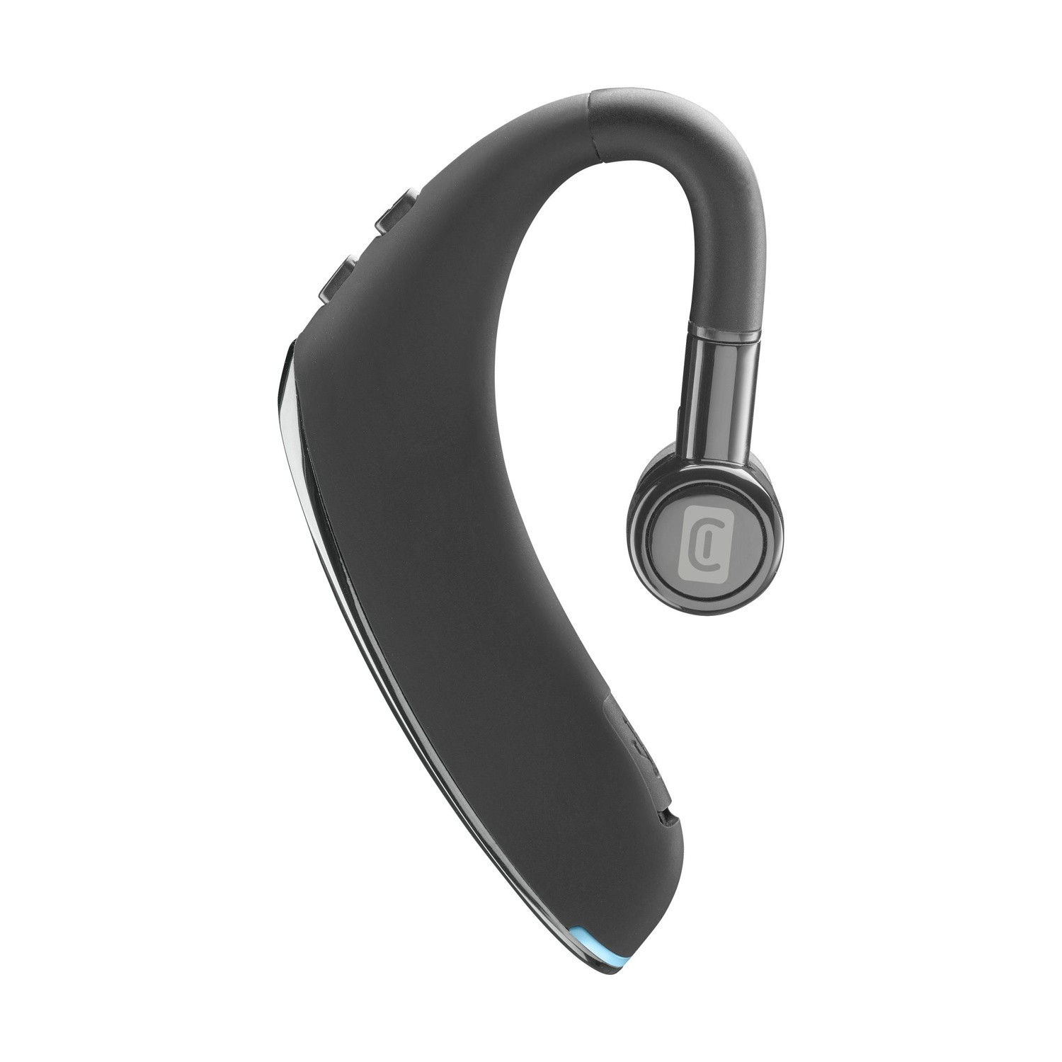 Un auricolare Bluetooth nero con gancio auricolare e piccolo auricolare.