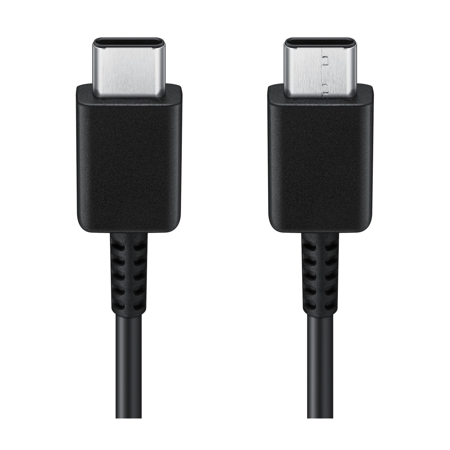 Due cavi USB-C neri con connettori argentati, isolati su bianco.