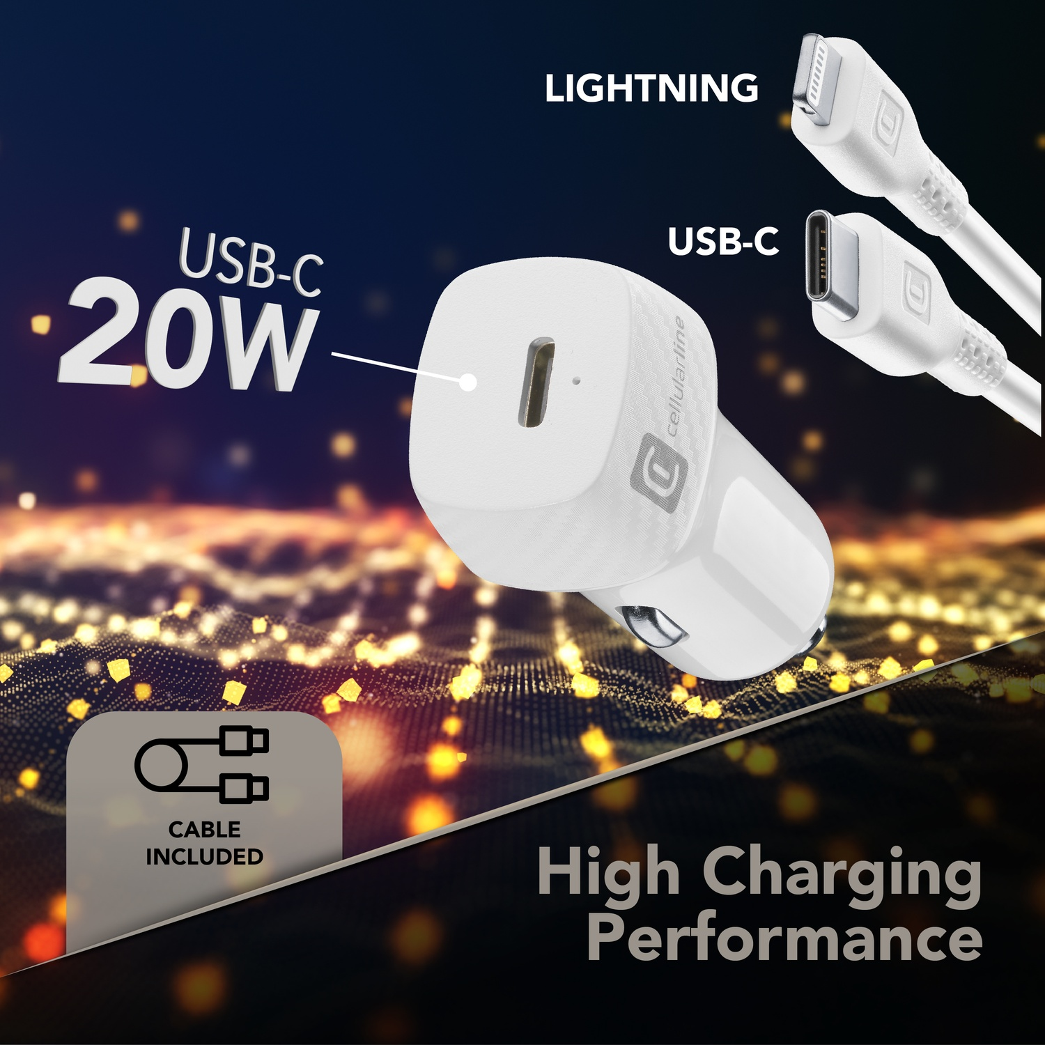 Caricatore auto USB-C bianco da 20W, cavo incluso. Alte prestazioni.