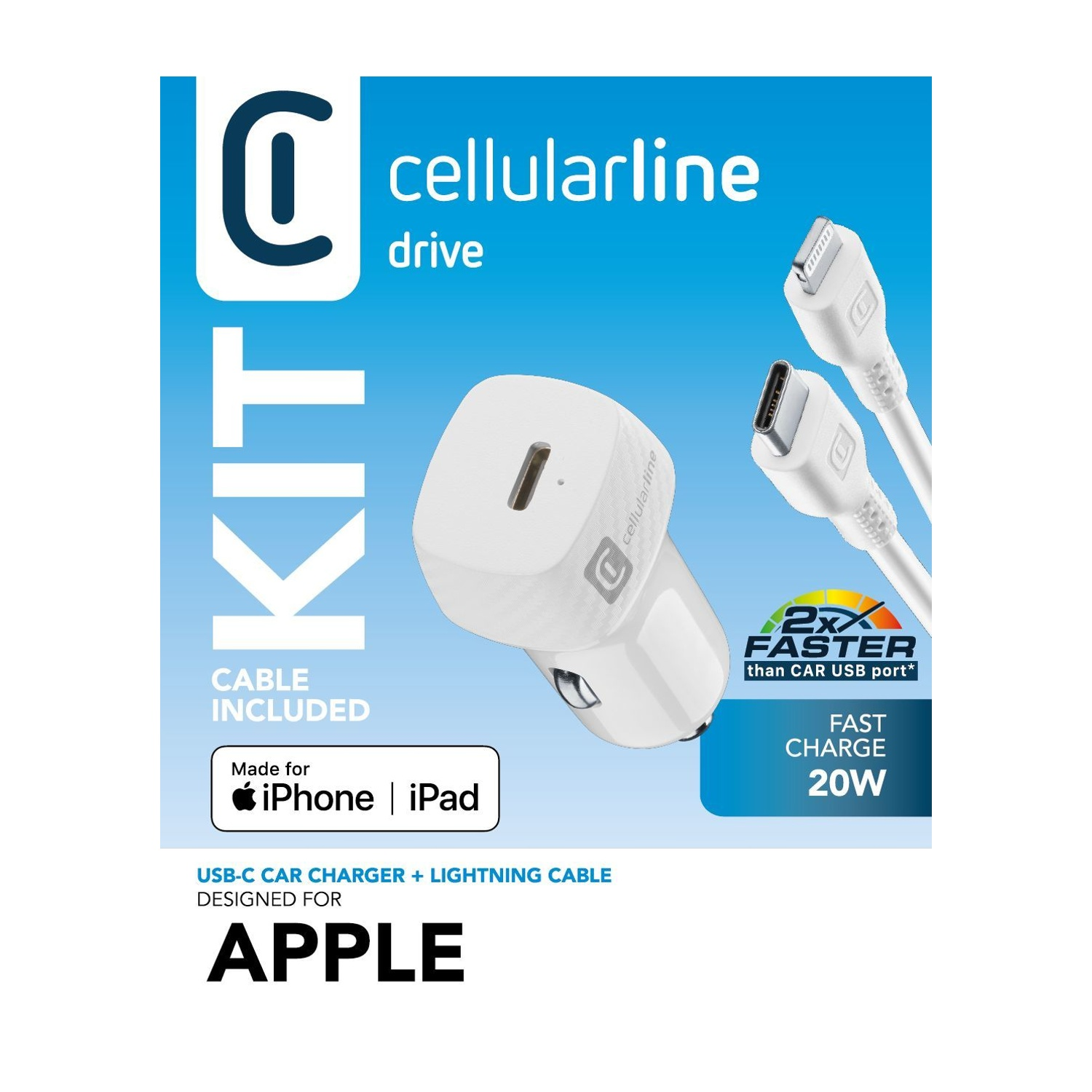 Un caricabatterie per auto USB-C bianco con cavo Lightning per dispositivi Apple.
