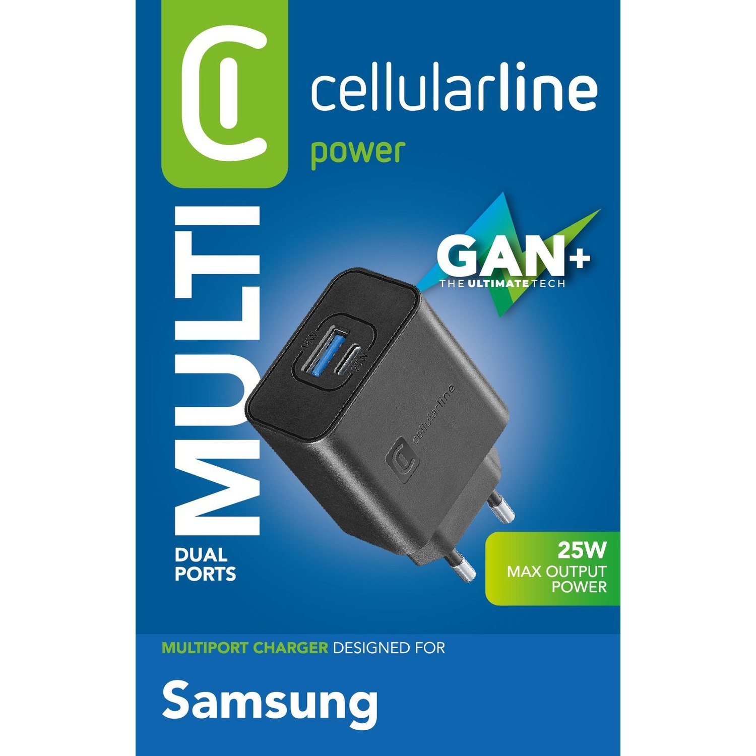 Caricatore USB nero Cellularline 25W dual-port per Samsung.