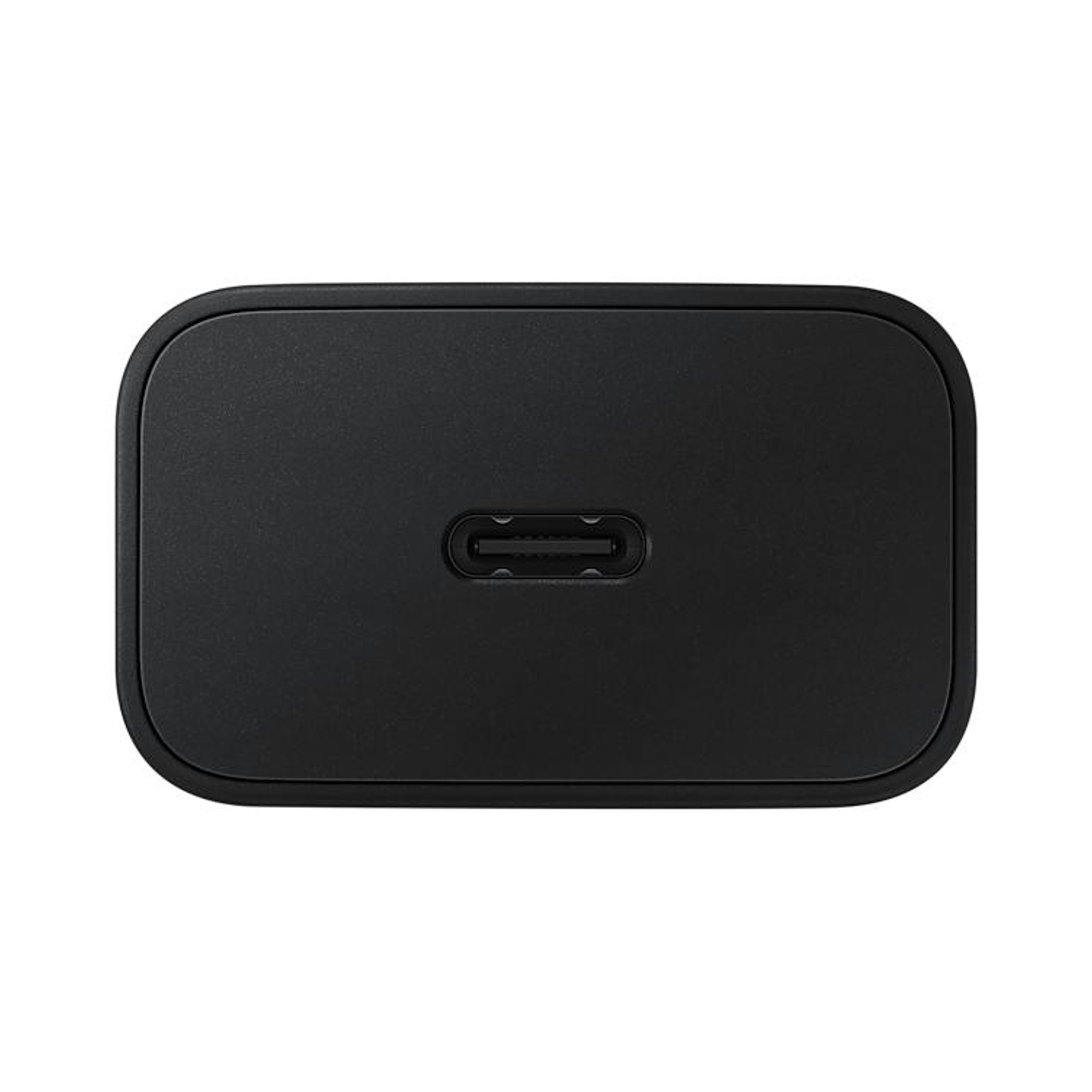Un alimentatore USB-C nero con angoli arrotondati.