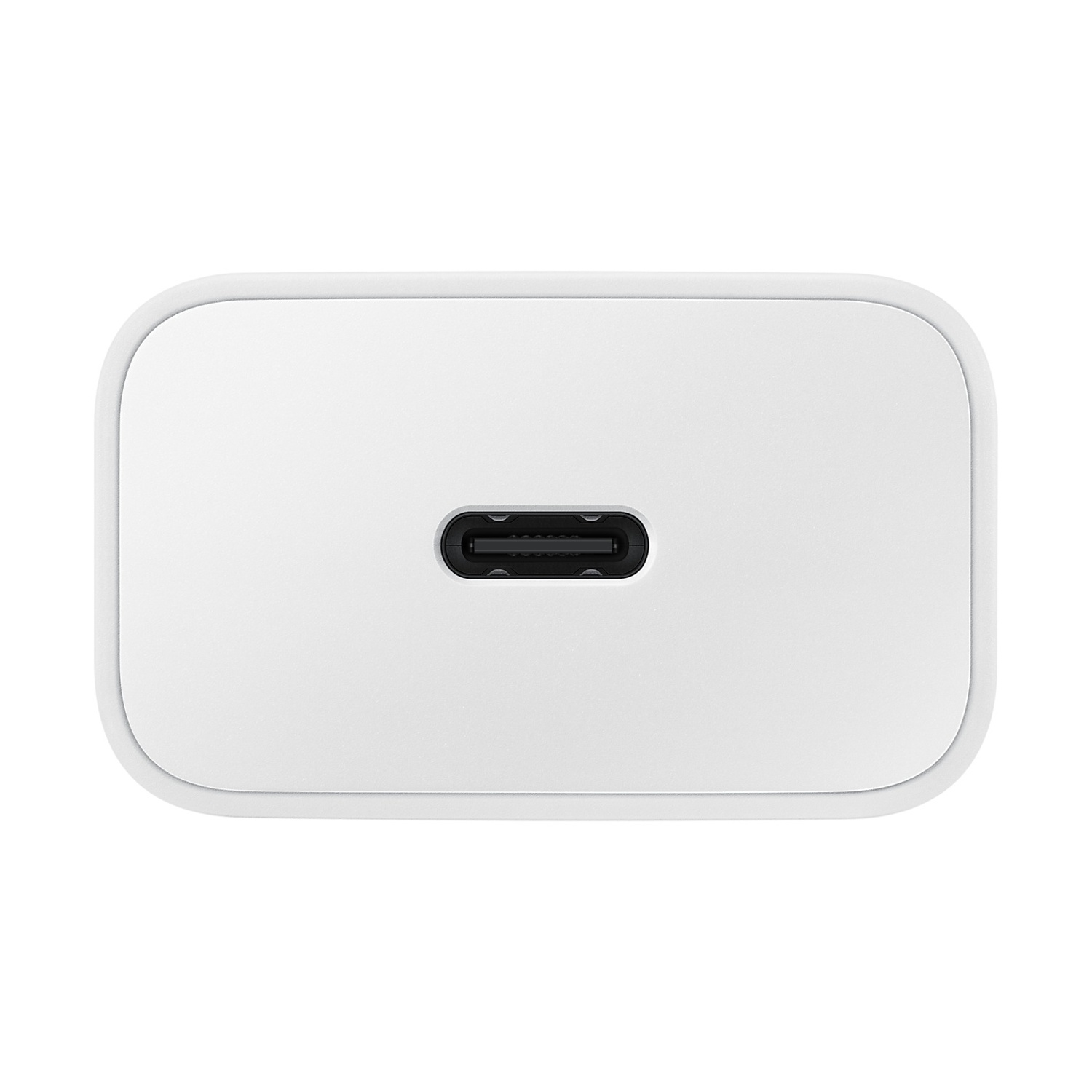 Un caricabatterie USB-C bianco con una porta centrale.