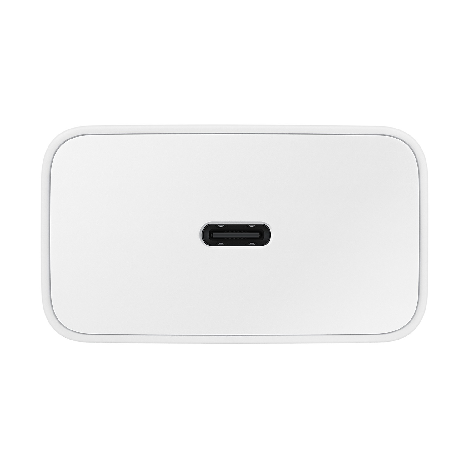 Caricabatterie USB-C bianco con porta scura al centro.