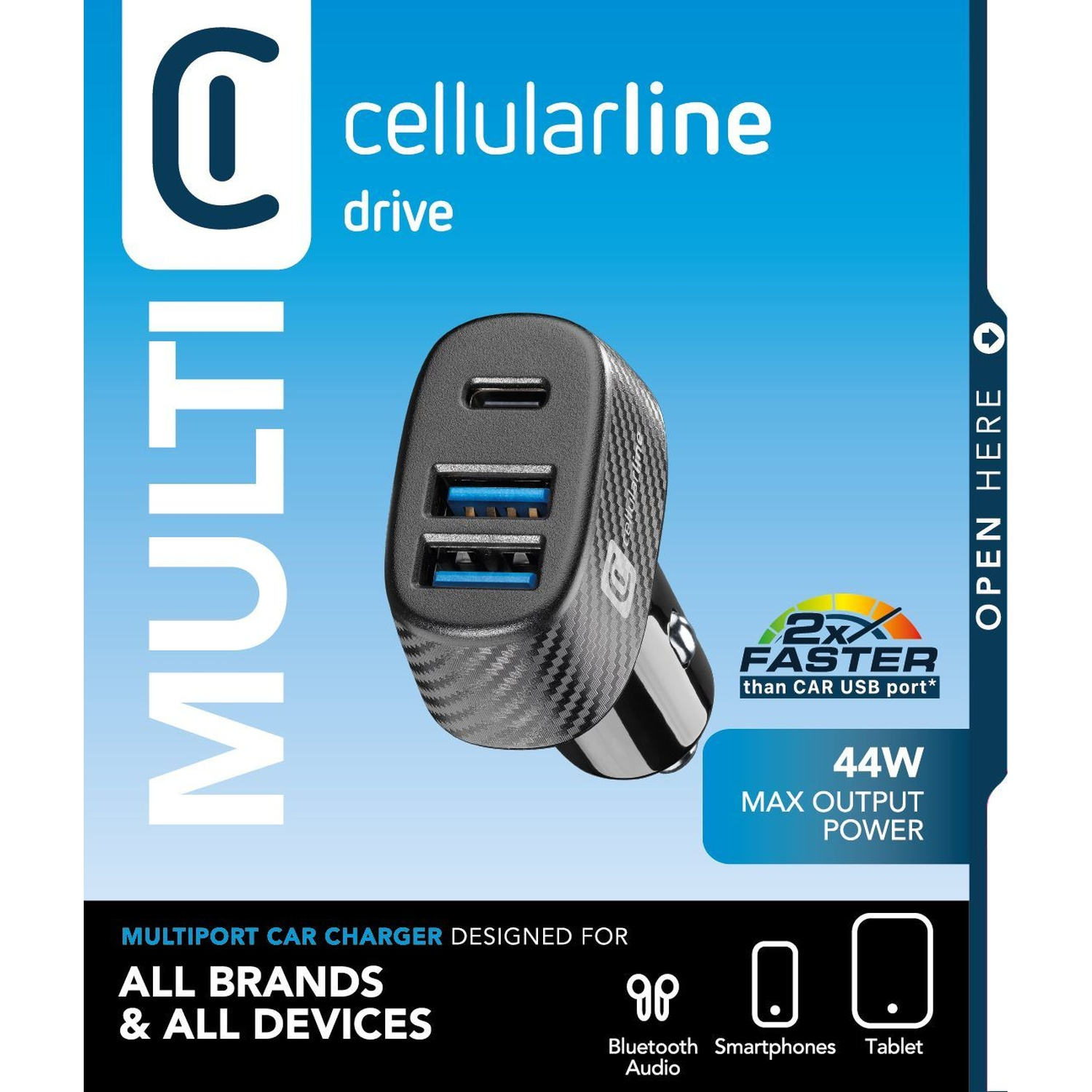 Caricabatterie multiport per auto Cellularline con 2 porte USB-A e 1 USB-C, 44W max.