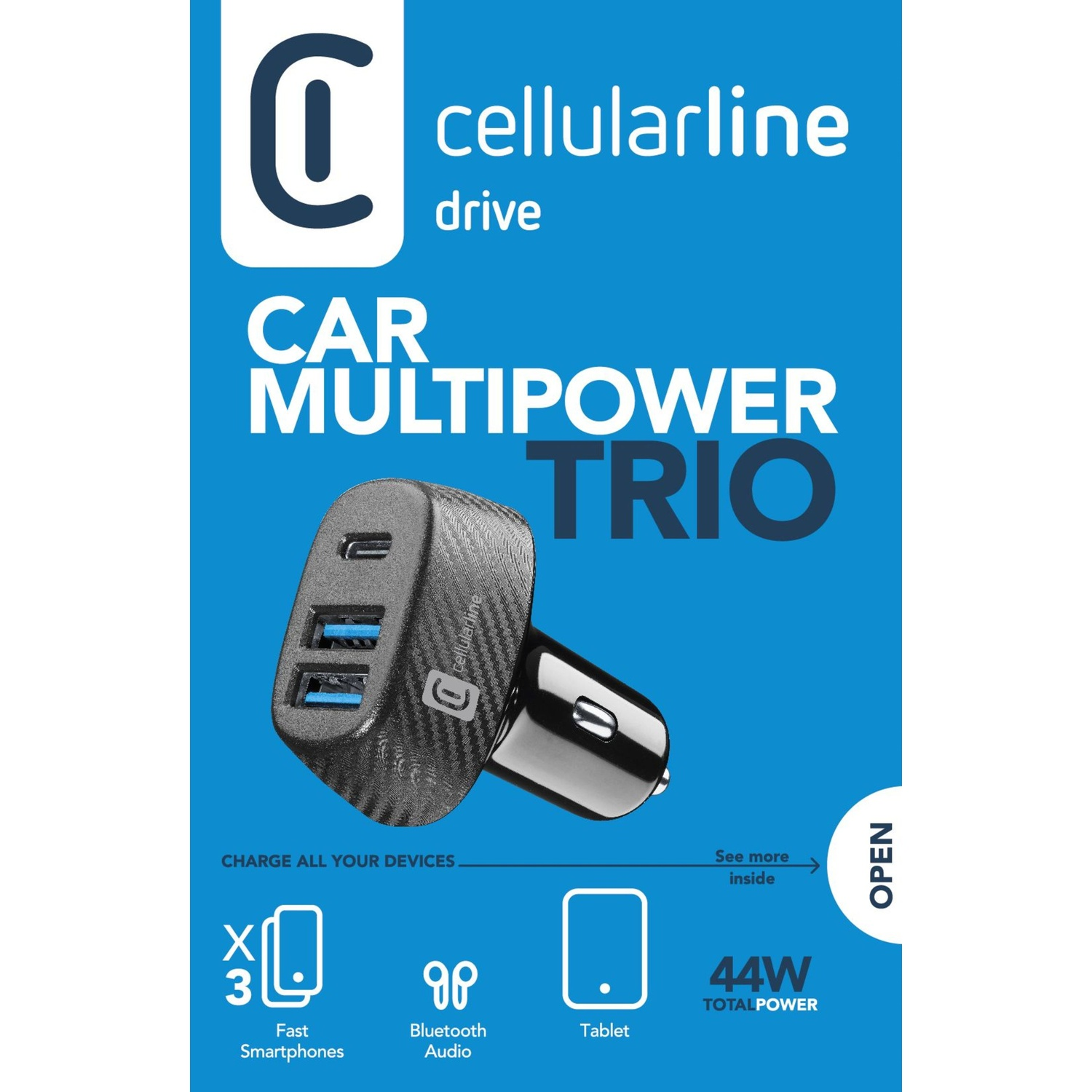 Caricatore auto multipower trio Cellularline con 3 porte USB.