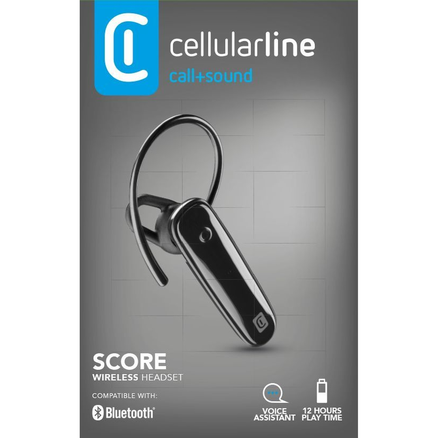 Auricolare Bluetooth nero Cellularline con logo "SCORE", assistente vocale e 12 ore di autonomia.