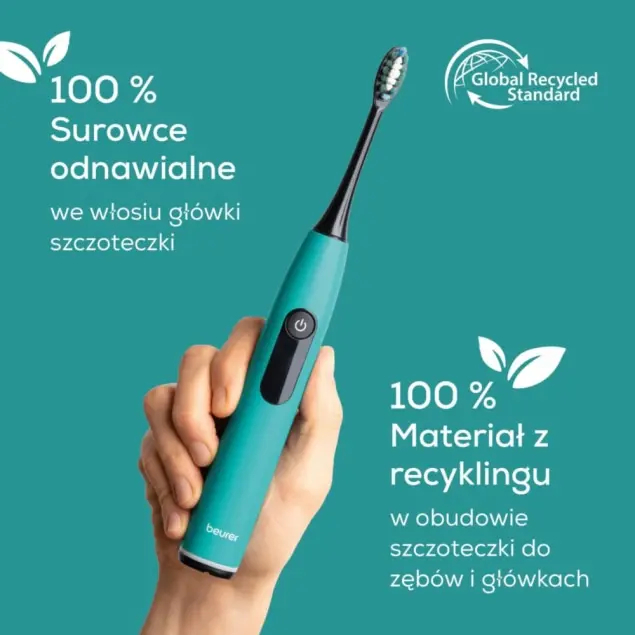 Ręka trzyma turkusową szczoteczkę elektryczną. Logo: Global Recycled Standard.