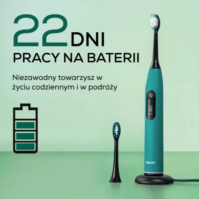 Turkusowa szczoteczka elektryczna z ładowarką i zapasową końcówką. Ikona baterii.