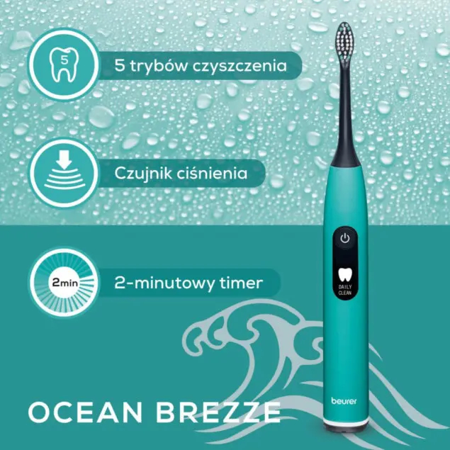 Turkusowa szczoteczka elektryczna z 5 trybami czyszczenia, czujnikiem ciśnienia i timerem.