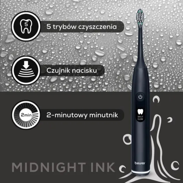 Ciemnoniebieska szczoteczka elektryczna z 5 trybami, czujnikiem nacisku i minutnikiem 2-minutowym.