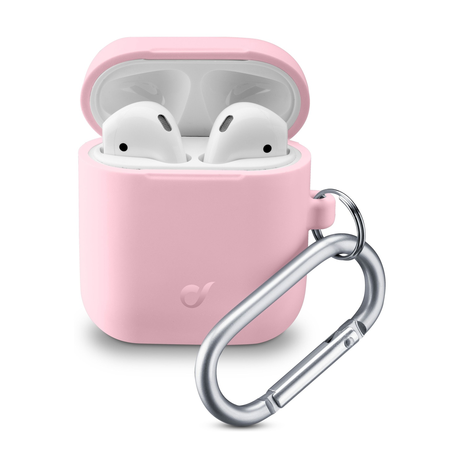 Una custodia di ricarica rosa con due auricolari bianchi e un moschettone.