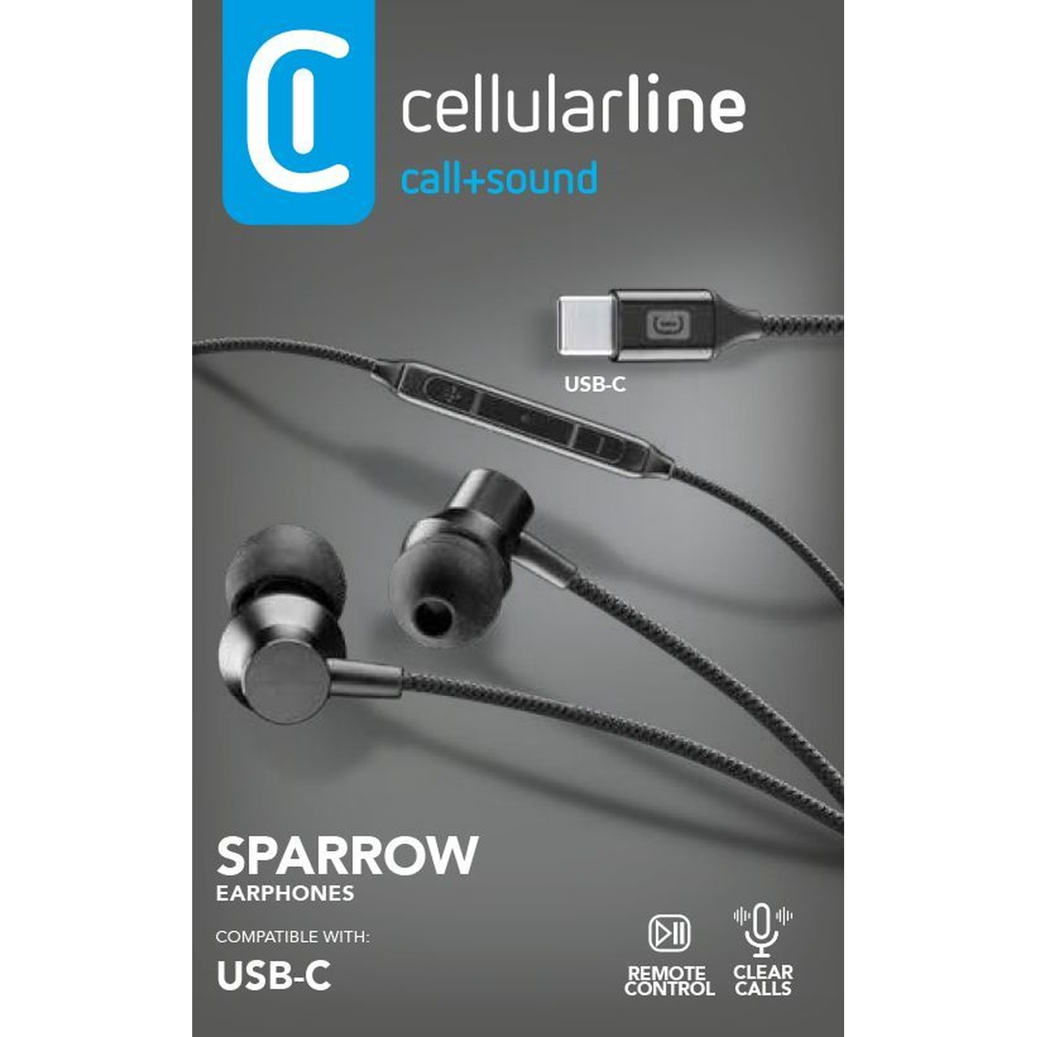 Auricolari neri Cellularline Sparrow USB-C con telecomando e microfono.