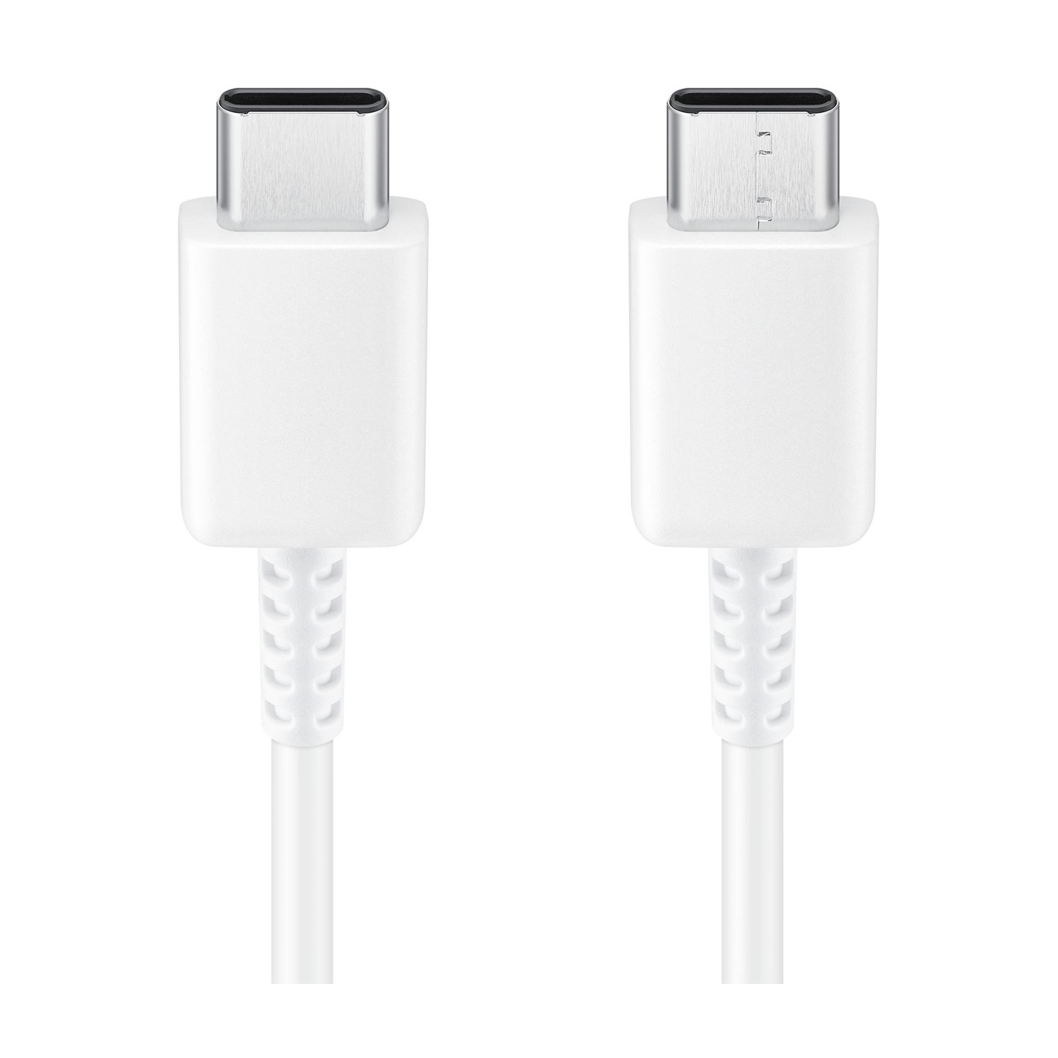 Due cavi USB-C bianchi con connettori argentati su sfondo bianco.