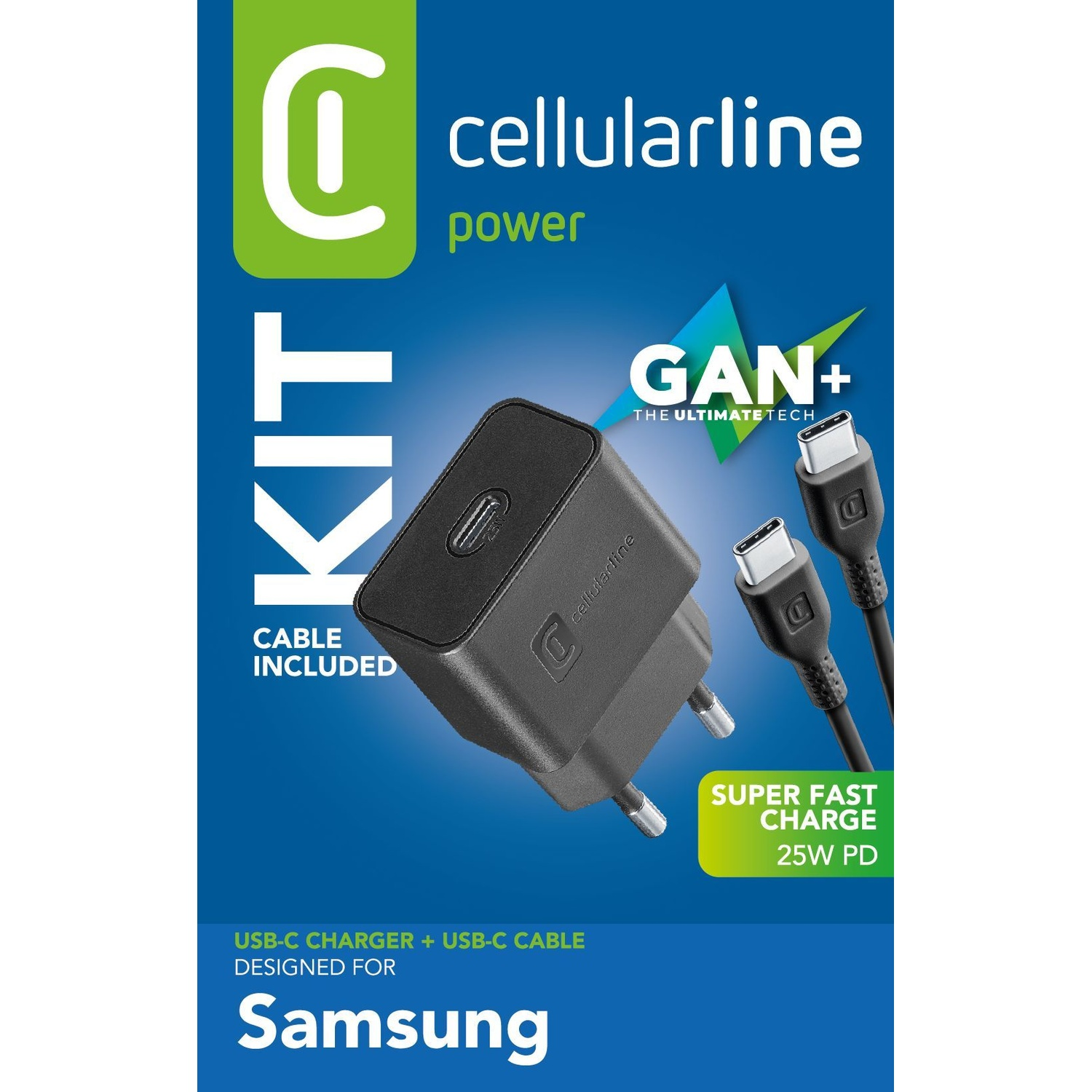 Caricatore e cavo USB-C Cellularline GAN+ per Samsung, 25W PD.