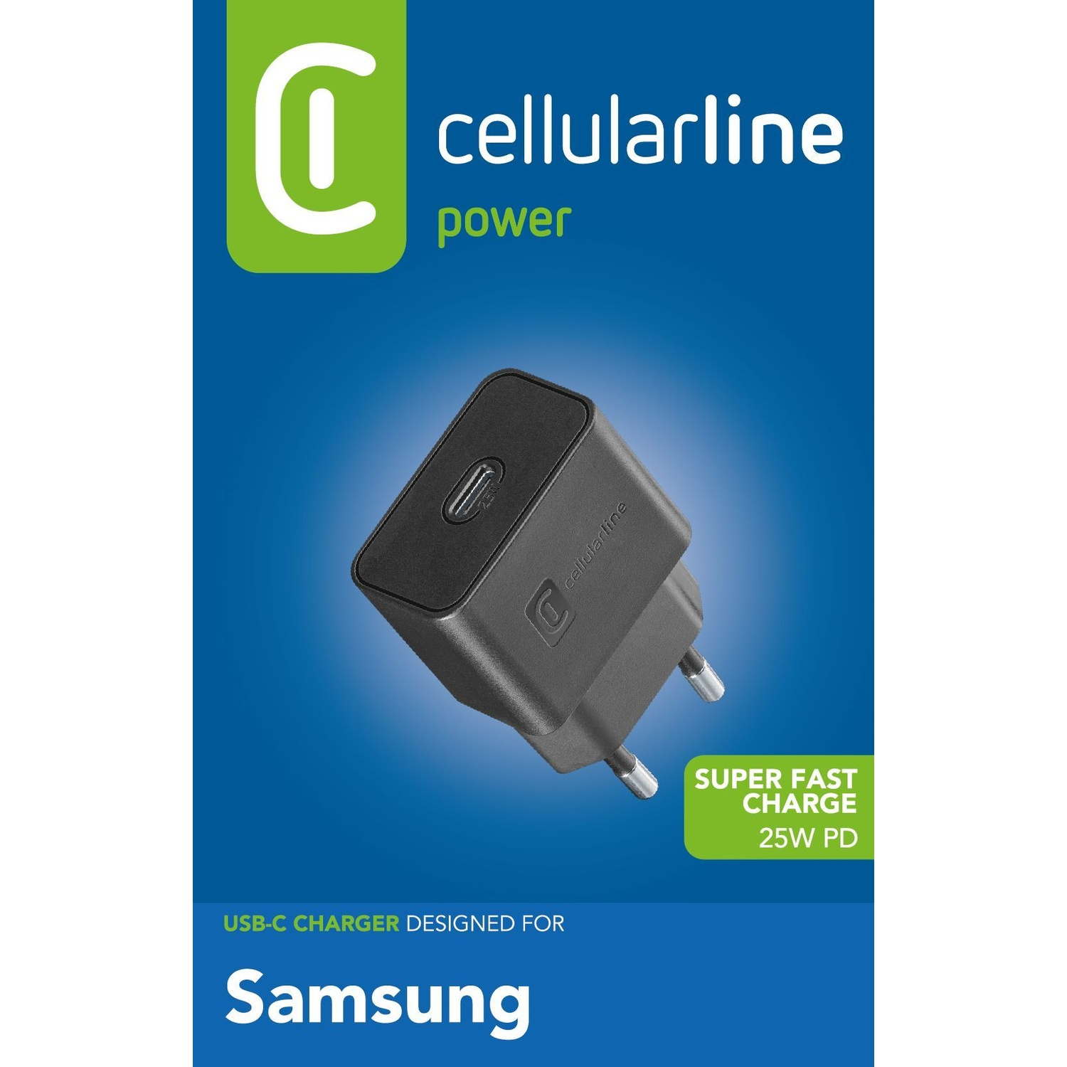Caricatore USB-C Cellularline nero per Samsung, 25W PD.