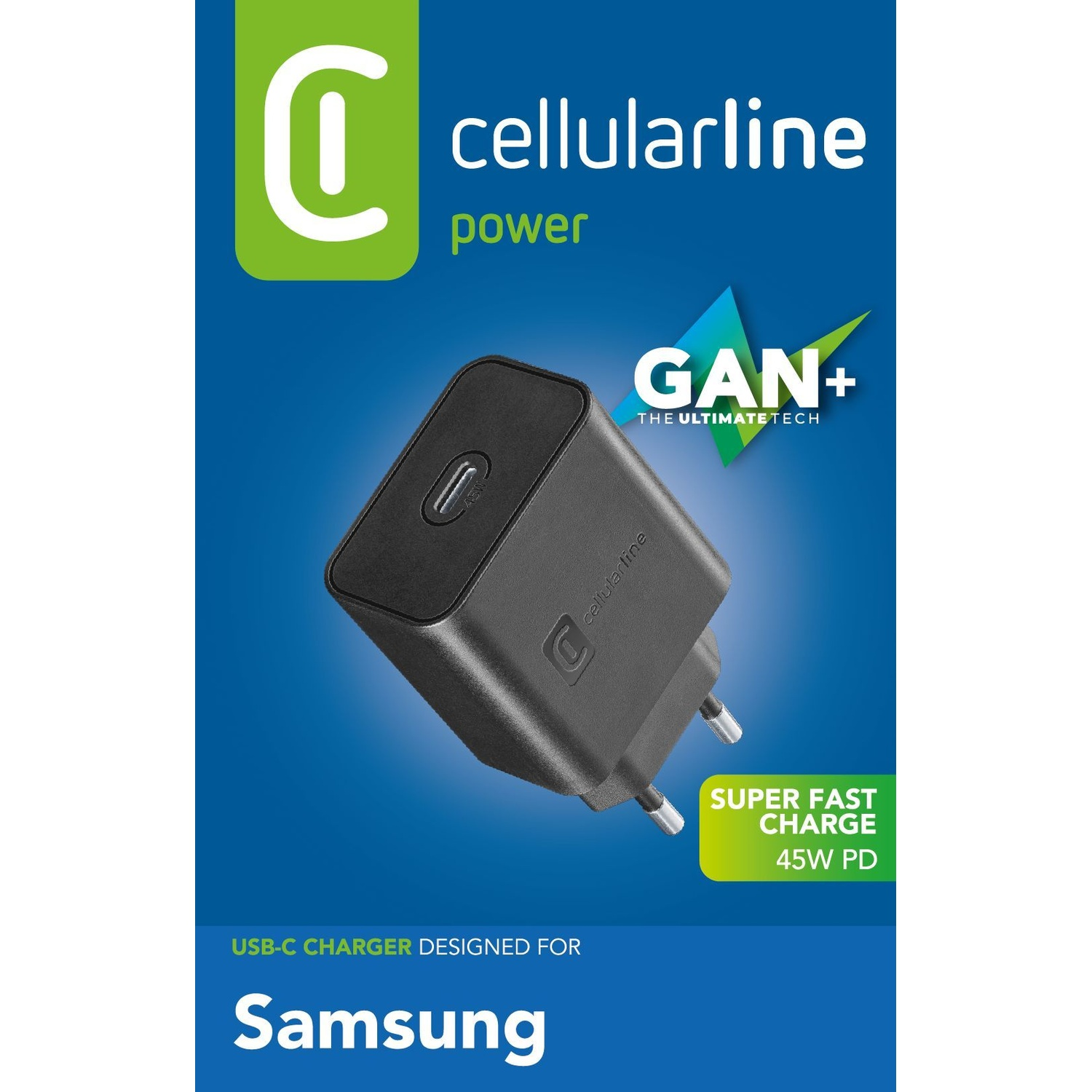Caricatore USB-C nero Cellularline con tecnologia GAN+ per Samsung.
