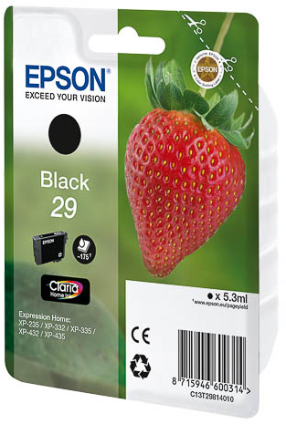 Tusz Epson Black 29 z truskawką i oznaczeniami.