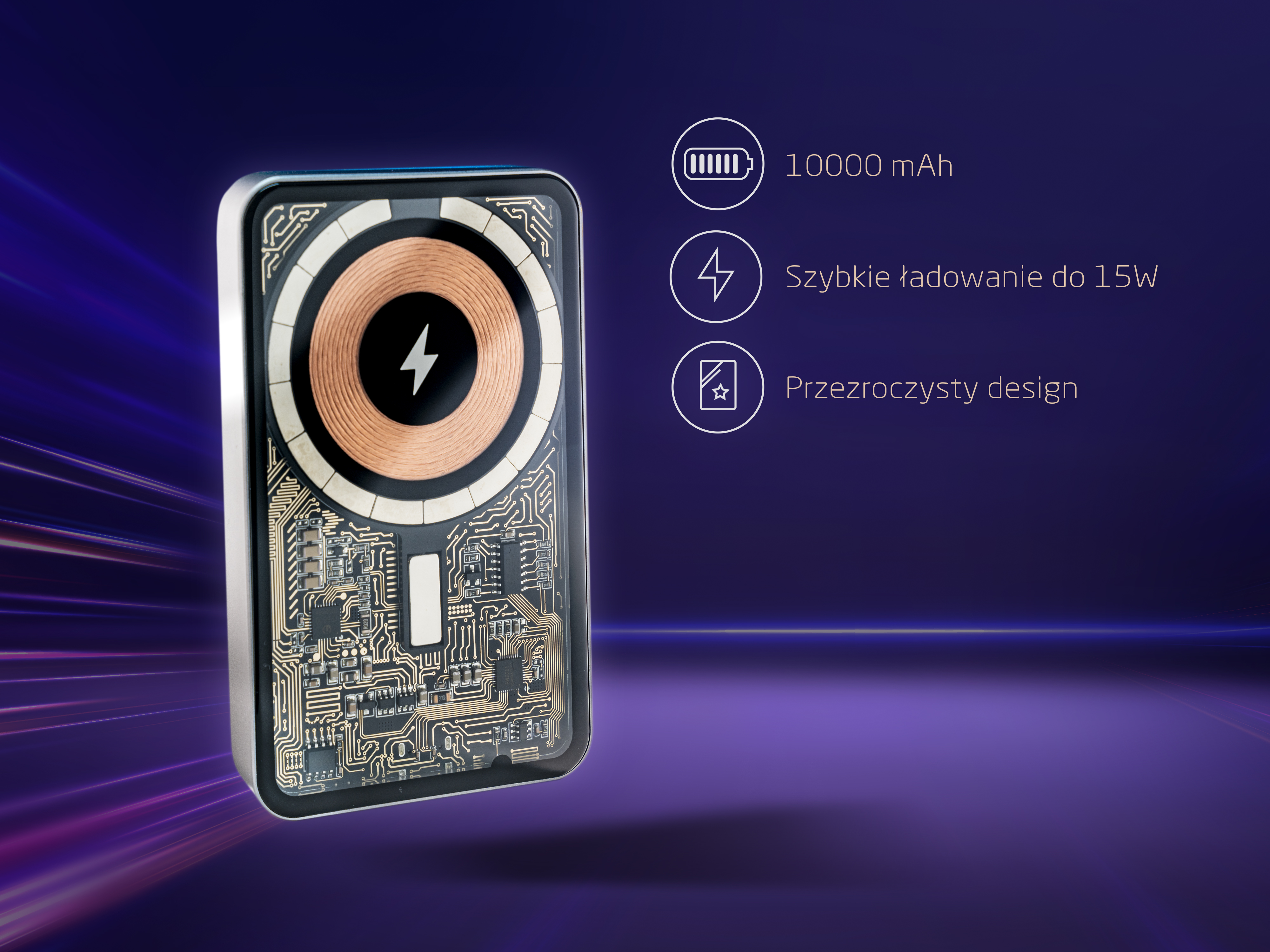 Przezroczysta ładowarka 10000 mAh, szybkie ładowanie 15W.