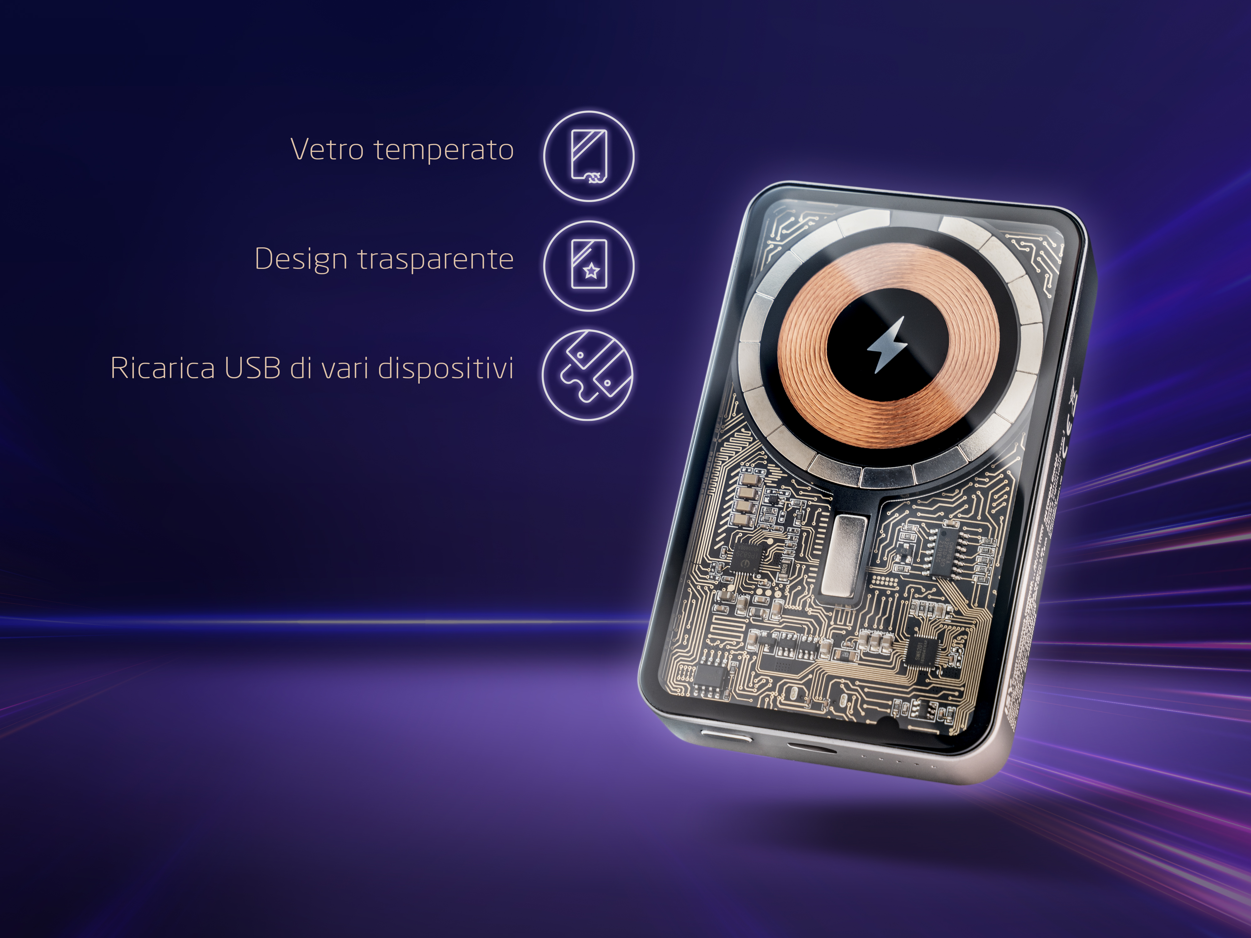 Przezroczysta power bank z widoczną płytką drukowaną i cewką.