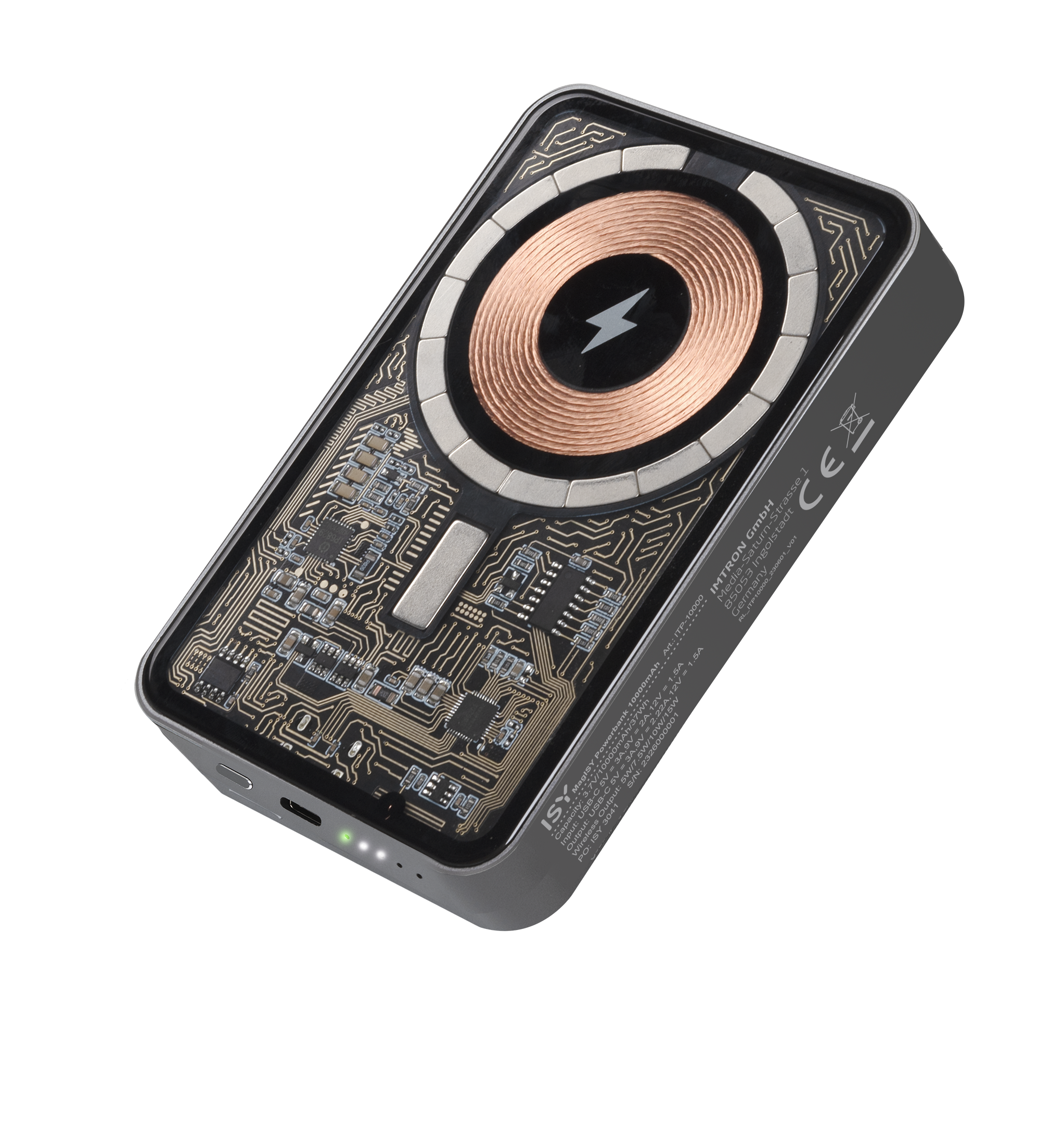 Szary powerbank z widoczną cewką ładowania miedzianą i wzorem płytki drukowanej.