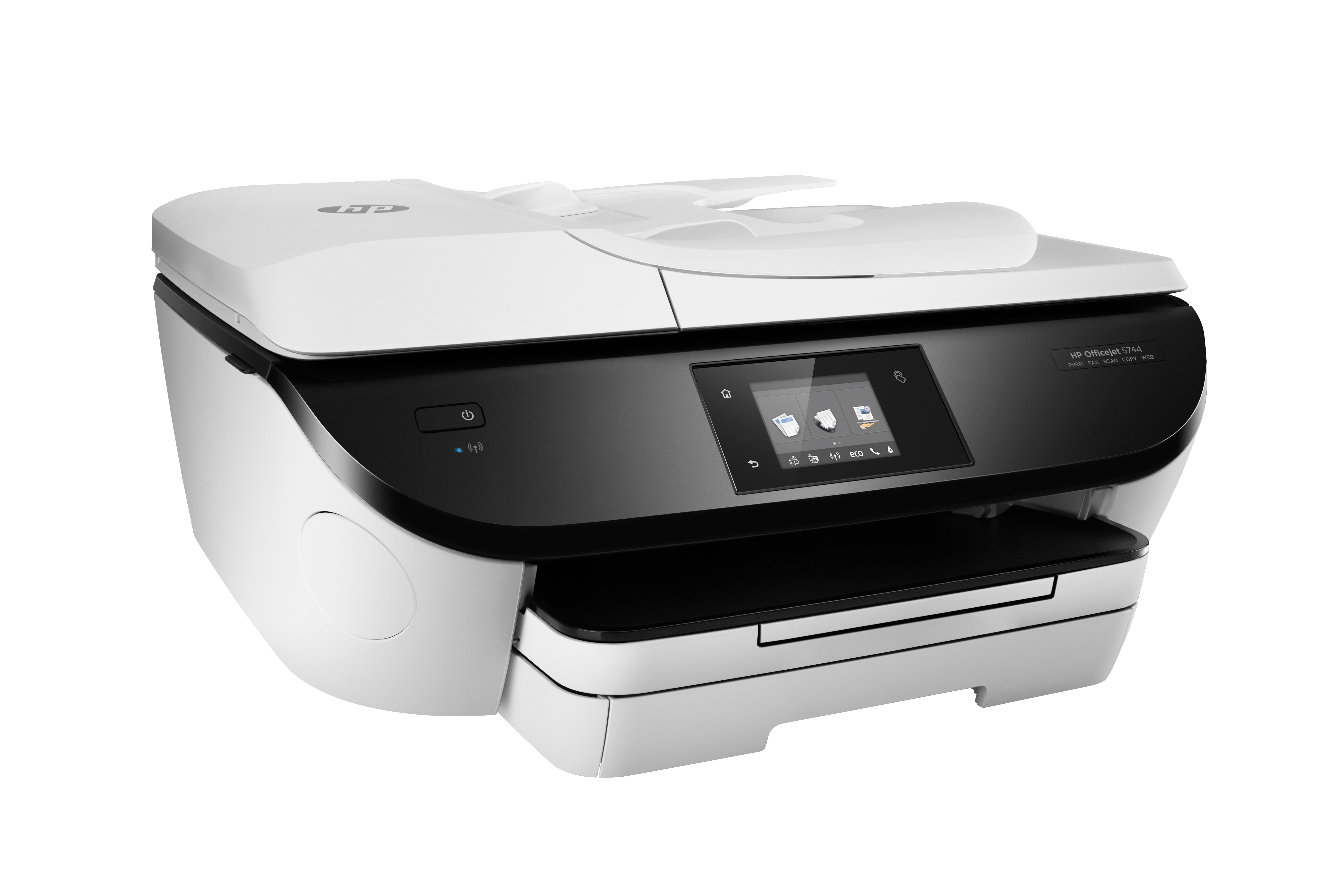 Biała drukarka HP Officejet 5744 z ekranem dotykowym na czarnym tle.