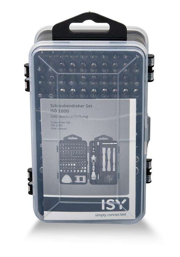 Przezroczysta walizka zawierająca zestaw wkrętaków i akcesoria.
