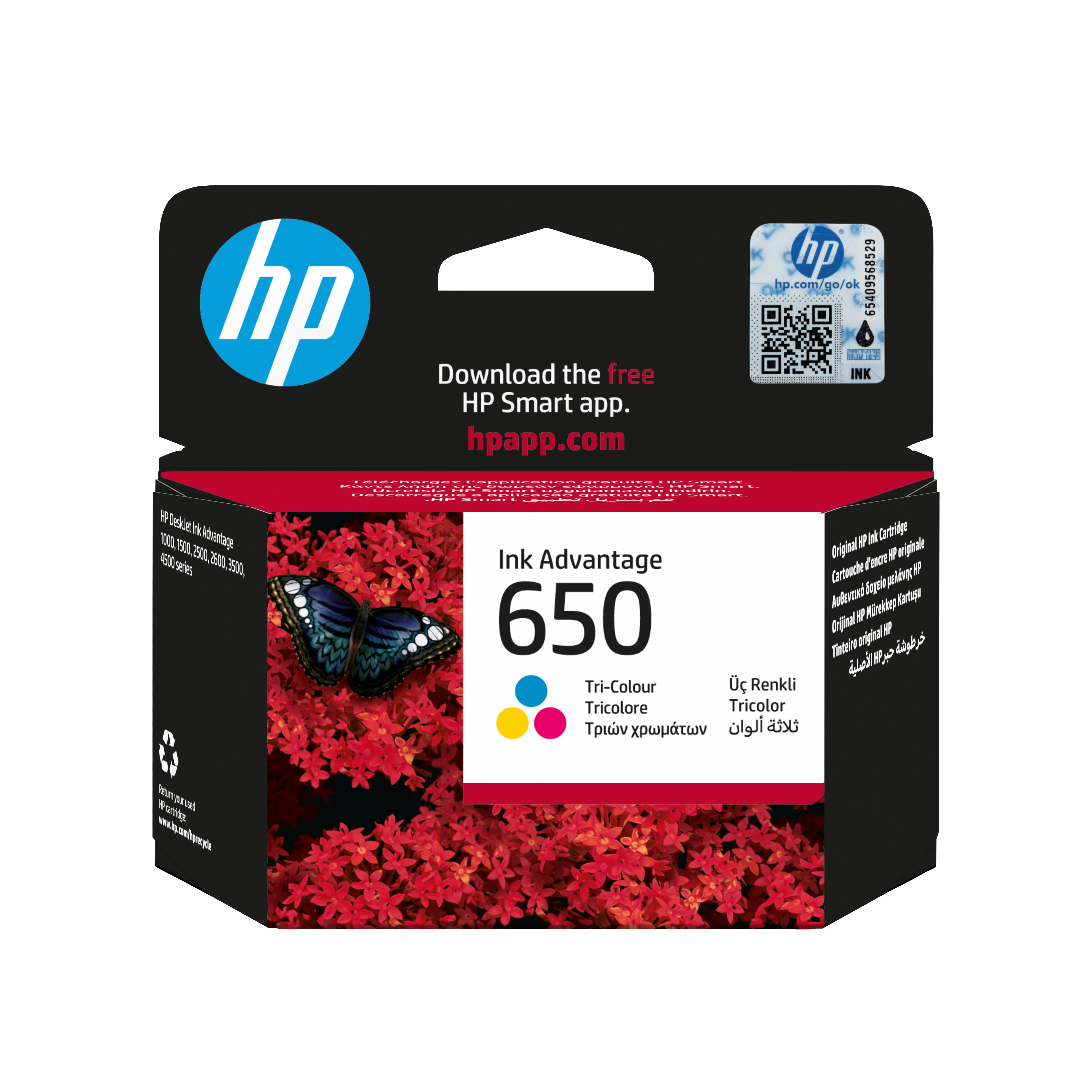 Karton HP 650 z motylem na czerwonych kwiatach. Pobierz aplikację HP Smart.