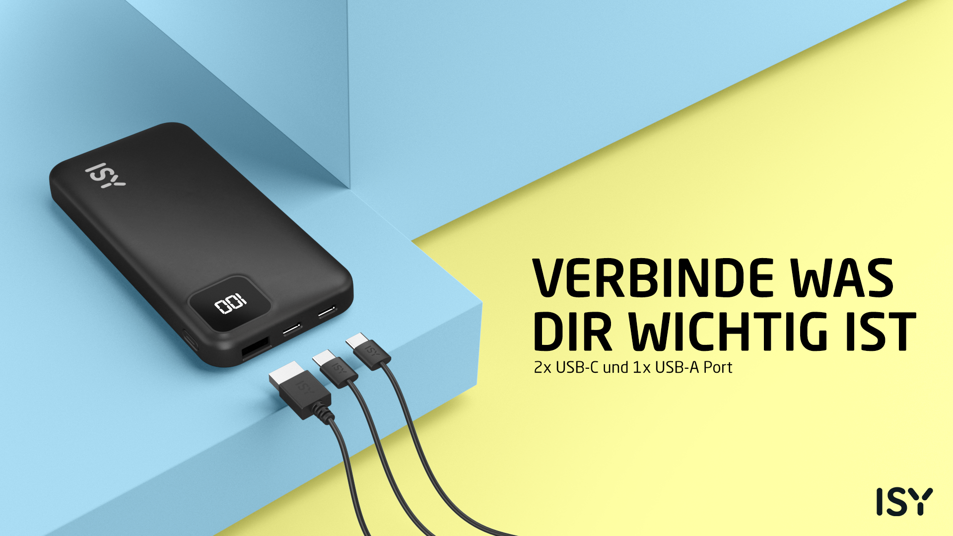 Czarna powerbanka ISY z kablami i tekstem na żółto-niebieskim tle.
