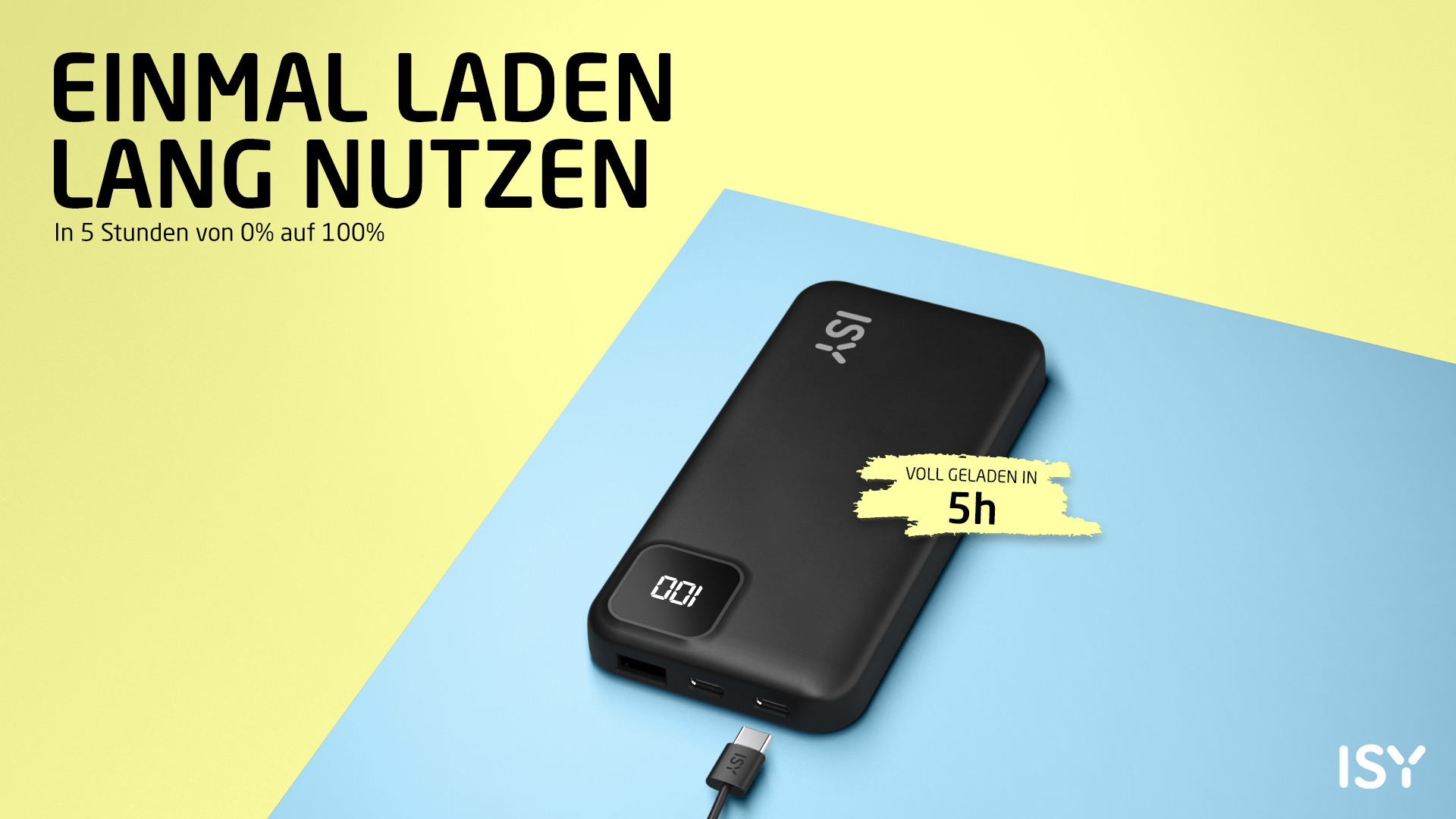 Czarna powerbank ISY z wskaźnikiem 100%, ładuje się w 5h.