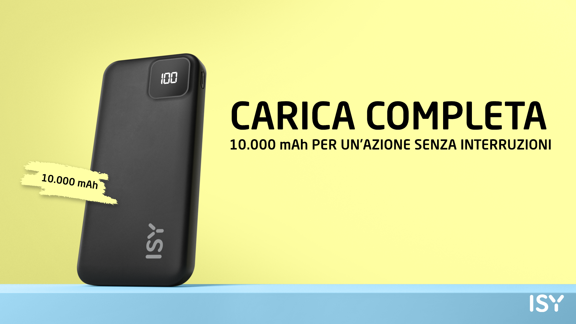 Czarny power bank 10 000 mAh, pokazujący 100% naładowania.