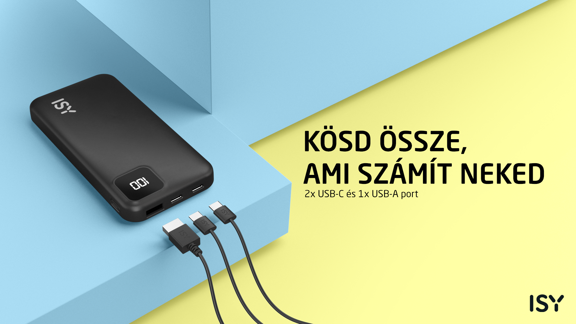 Czarny powerbank z 2 portami USB-C i 1 portem USB-A.