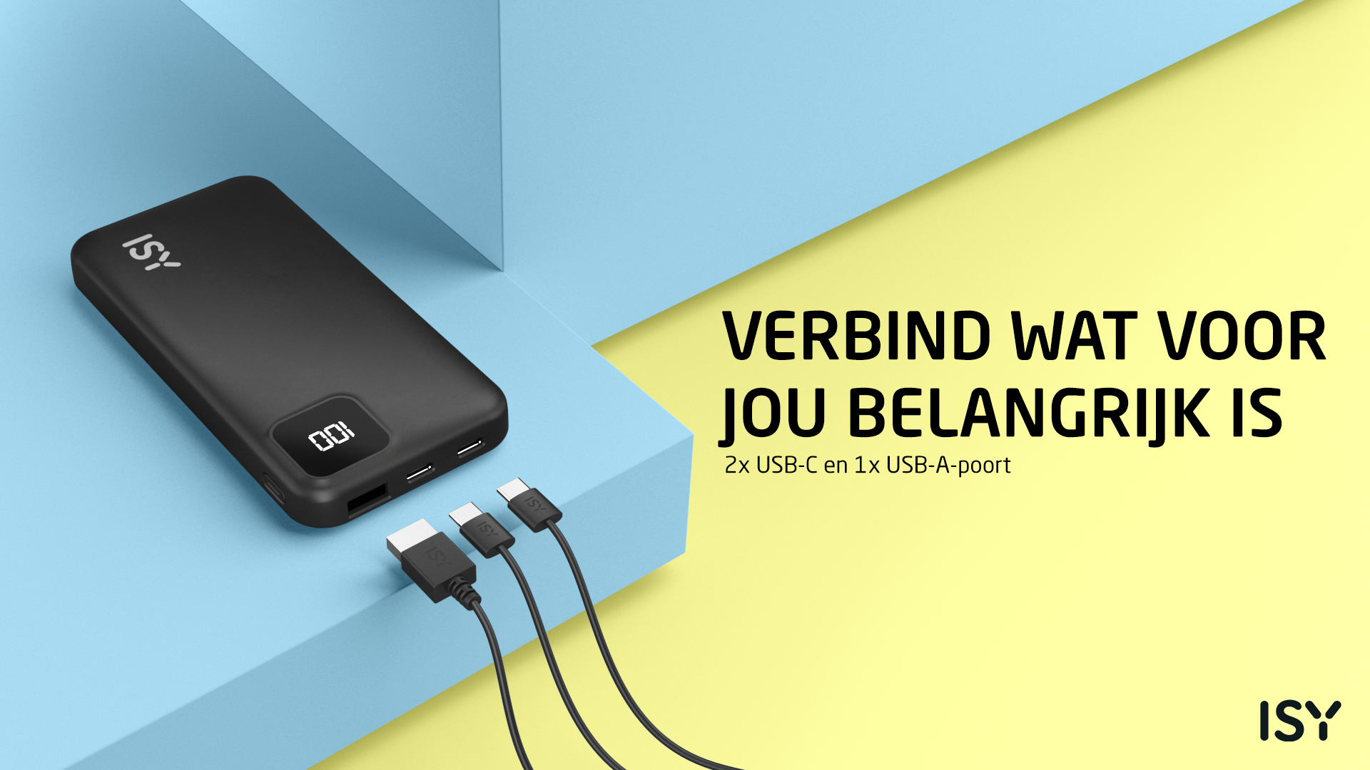 Czarna power bank ISY pokazująca 100% naładowania z trzema kablami.