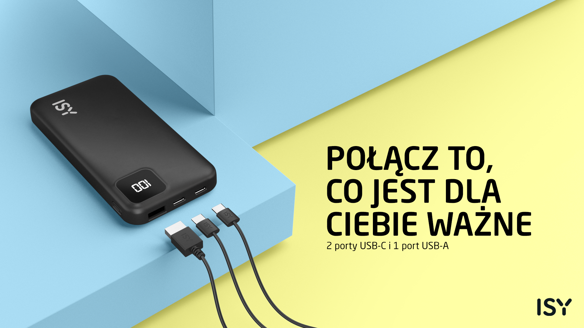 Czarna power bank ISY z 3 kablami: 2x USB-C, 1x USB-A.