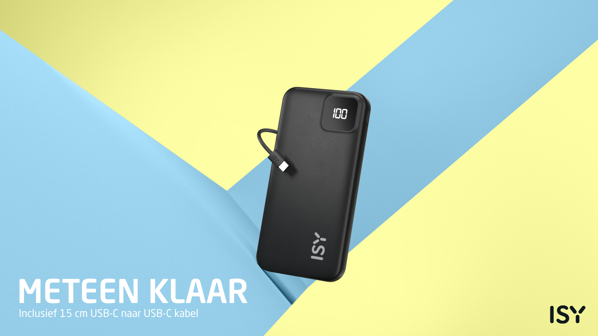 Czarny power bank ISY pokazujący 100% naładowania z kablem USB-C na kolorowym tle.