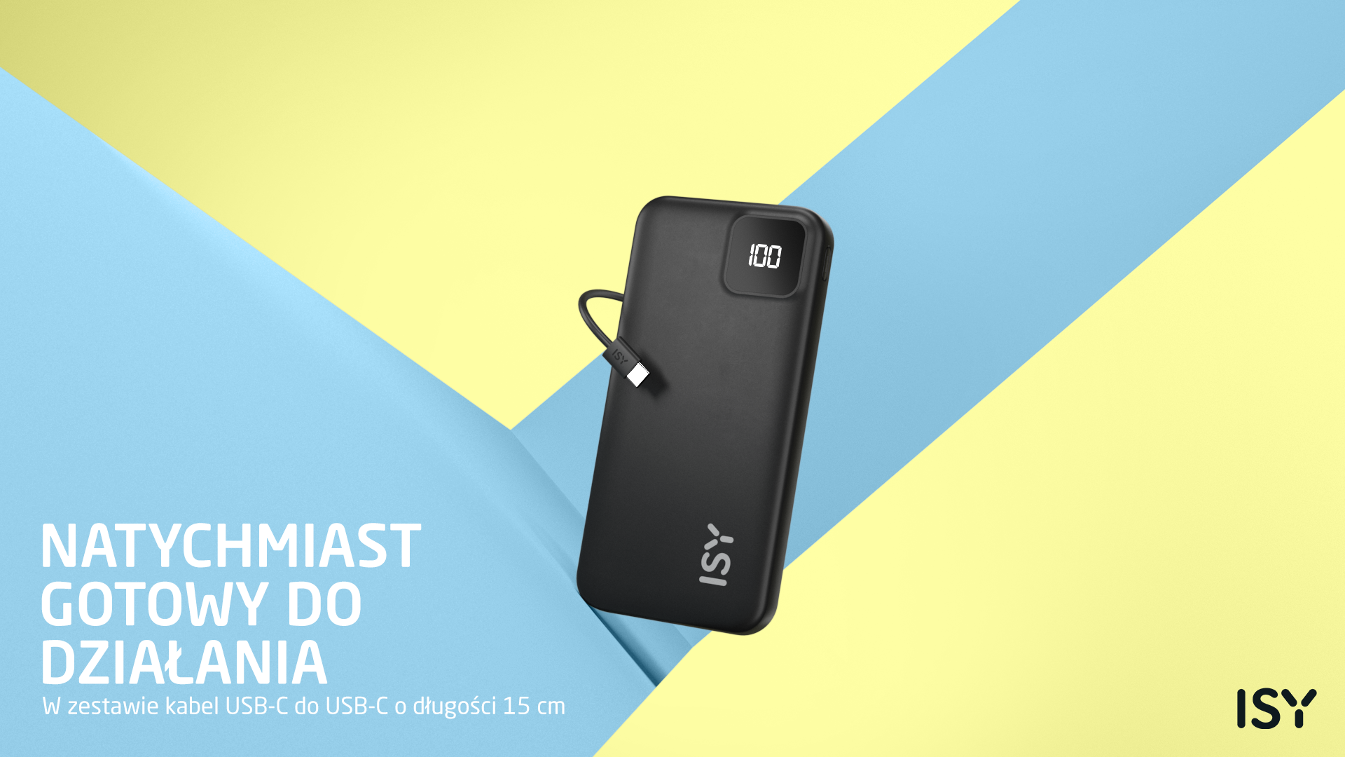 Czarny power bank ISY pokazujący 100% naładowania, z kablem USB-C.