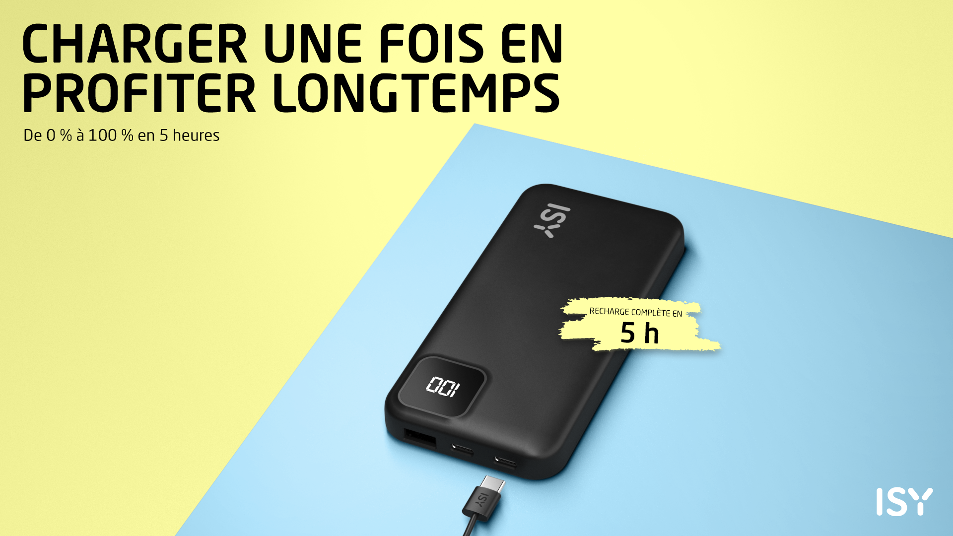 Czarny power bank ISY, ładuje 0-100% w 5 godzin.