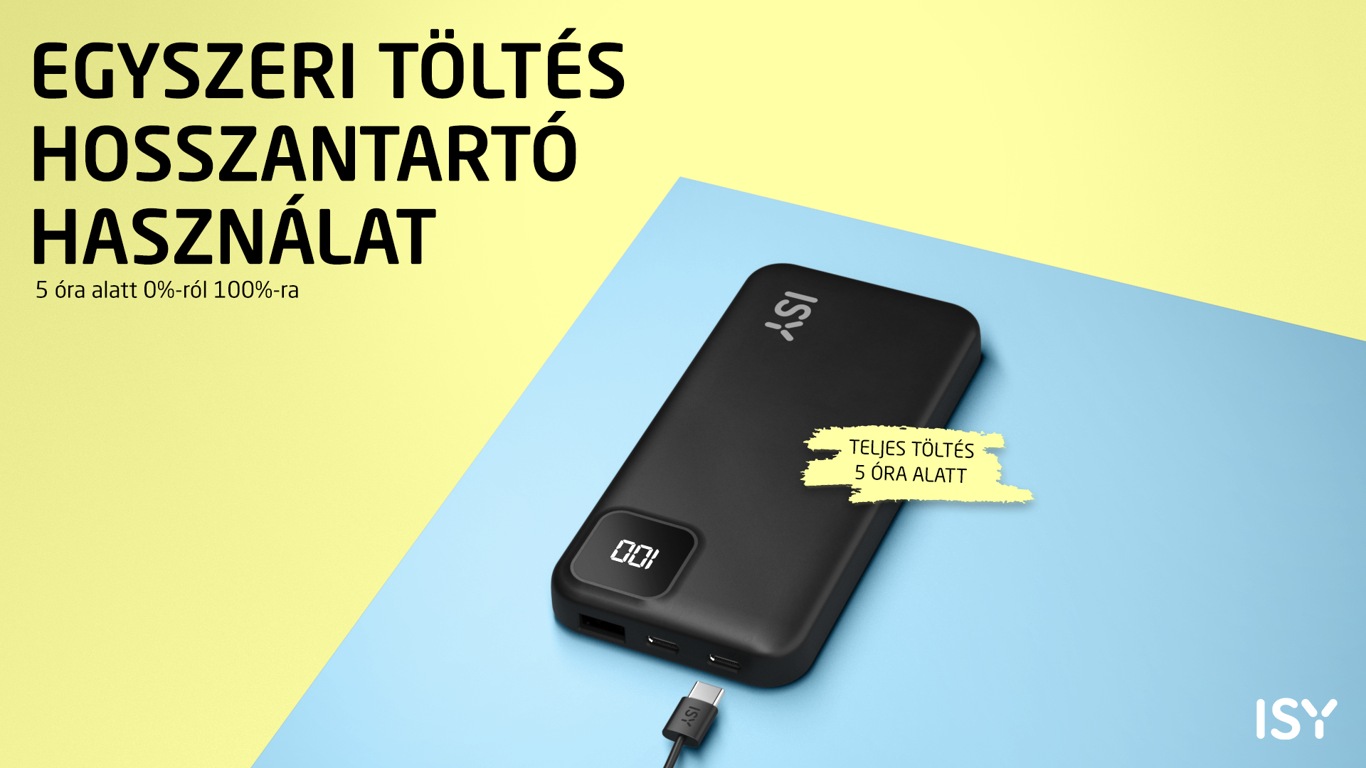 Czarna powerbank ISY z cyfrowym wyświetlaczem, ładuje 0-100% w 5h.