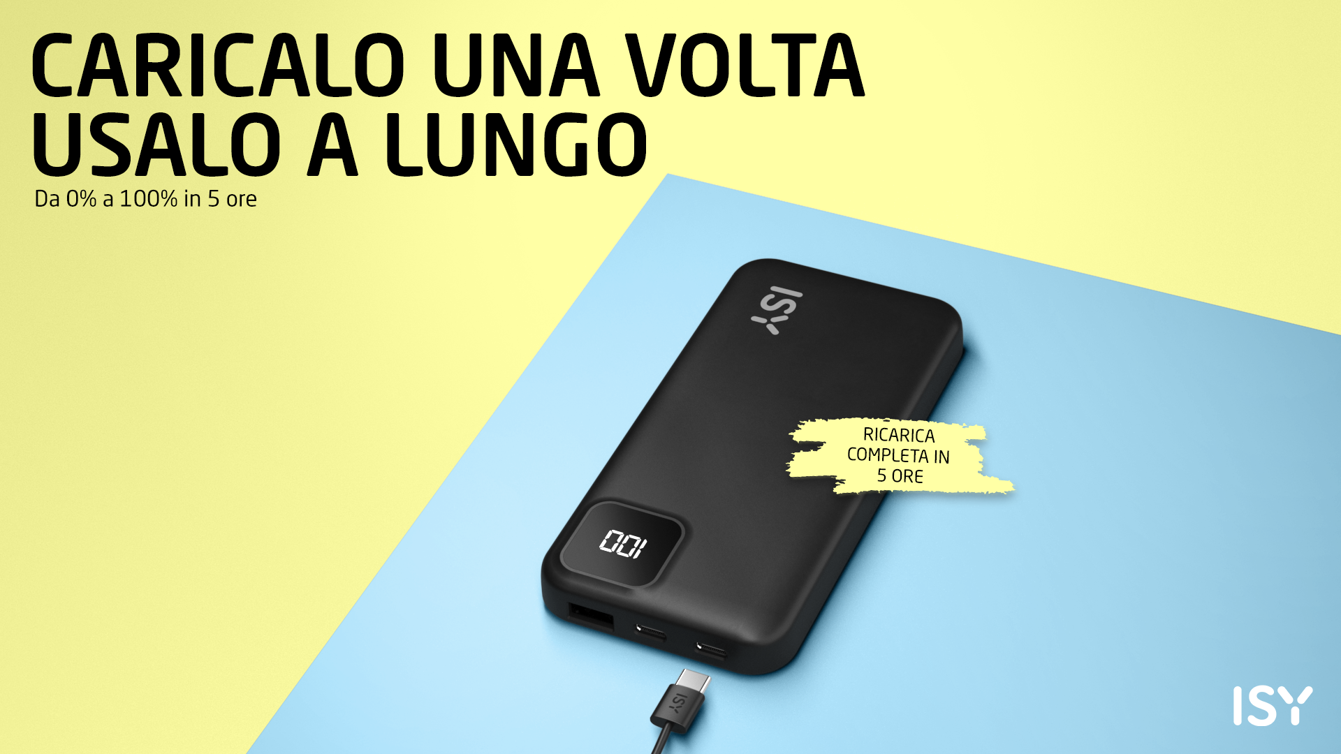 Czarny power bank ISY z cyfrowym wyświetlaczem, ładuje się 5h.