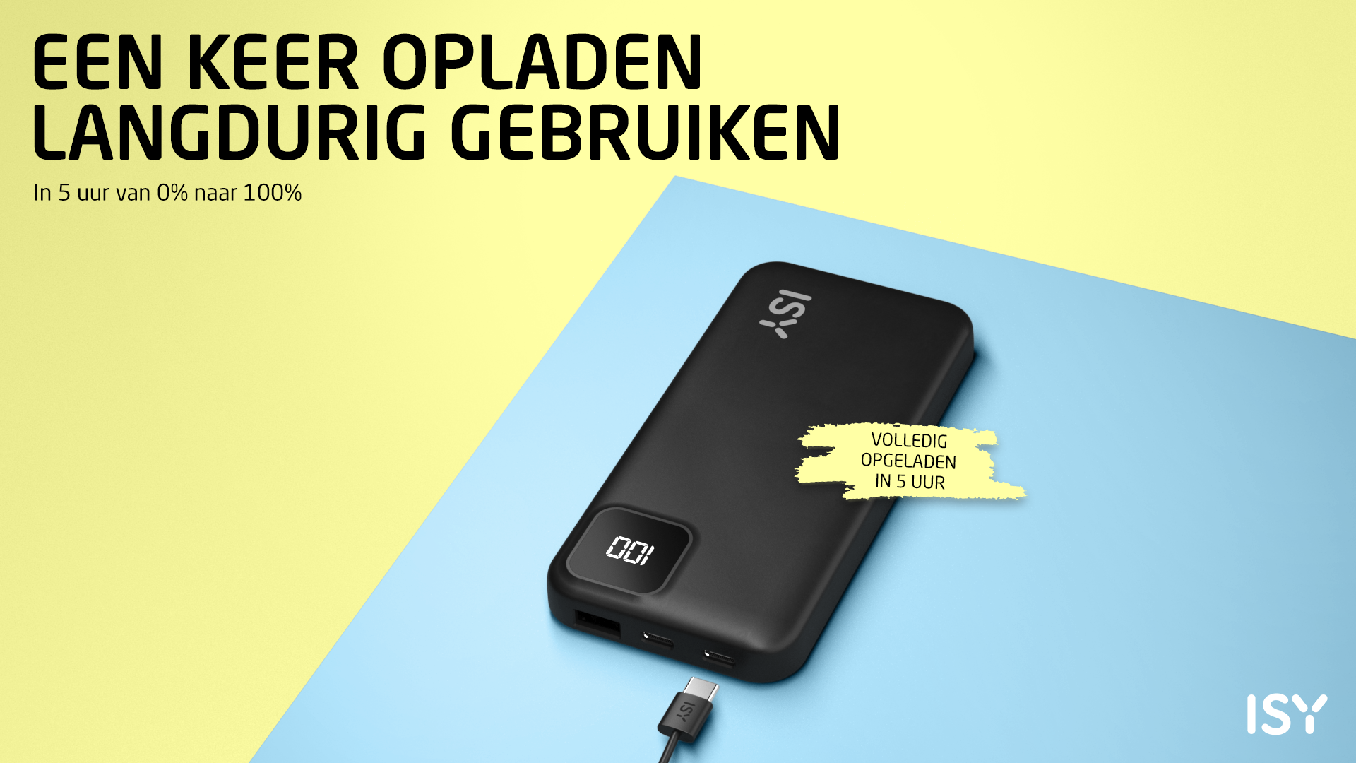Czarna powerbanka ISY pokazuje 100% naładowania na niebieskim tle.