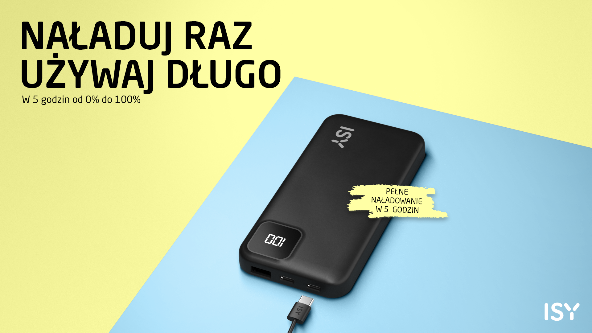 Czarna ładowarka ISY pokazuje 100%, z kablem ładującym.