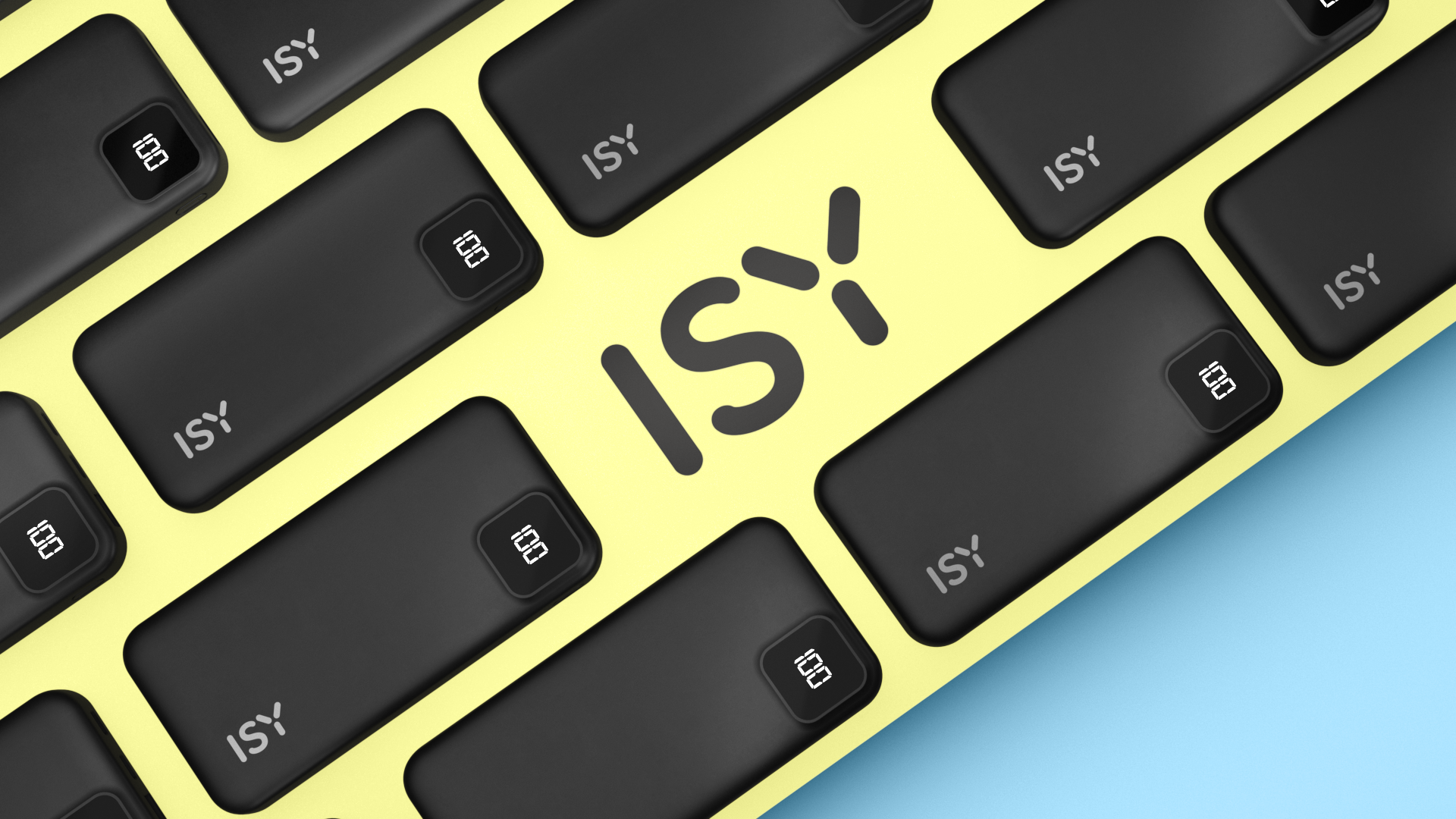 Czarne powerbanki z logo "ISY" i cyfrowym wyświetlaczem na żółtym tle.