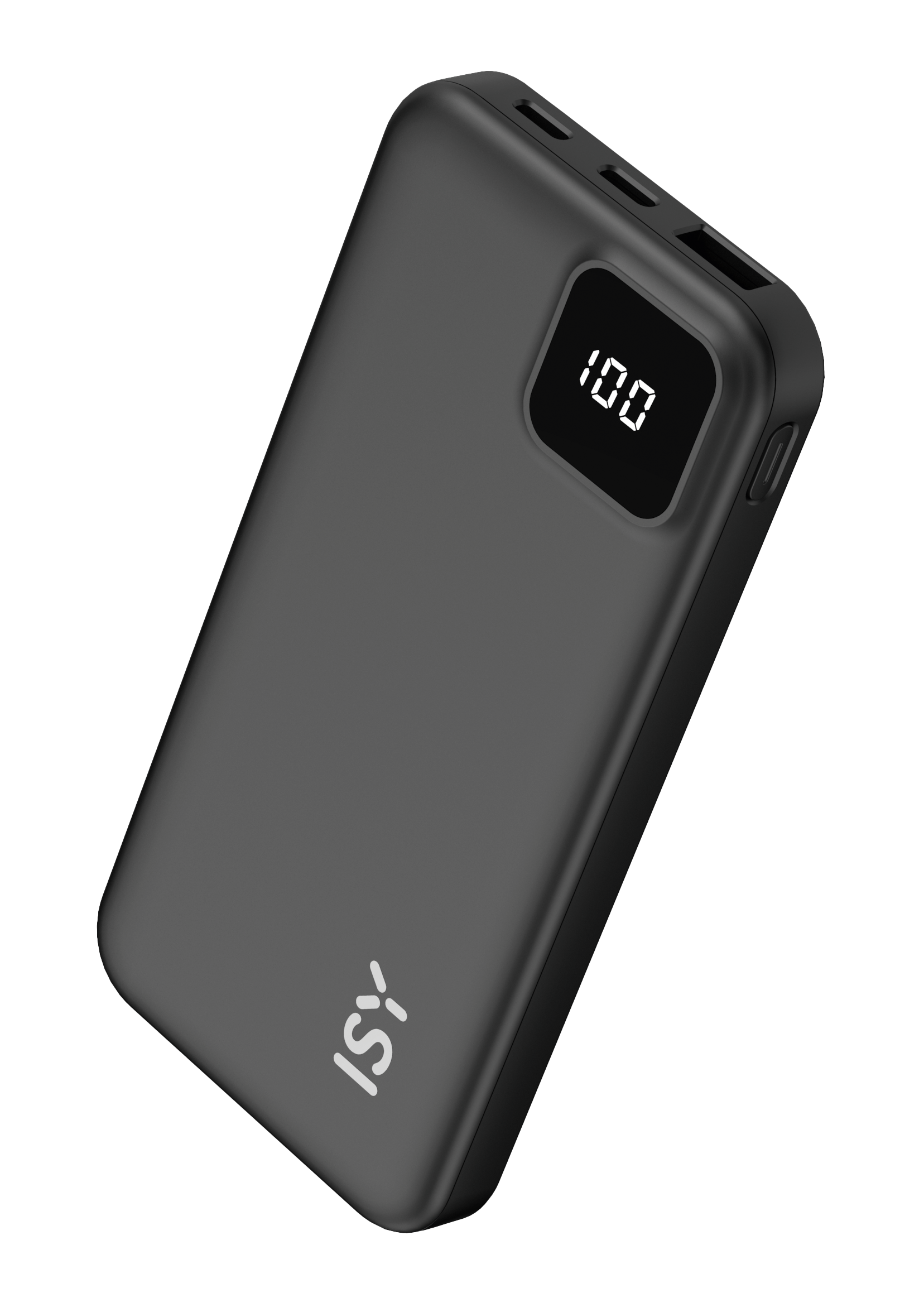Czarny power bank z cyfrowym wyświetlaczem 100 i logo ISY.