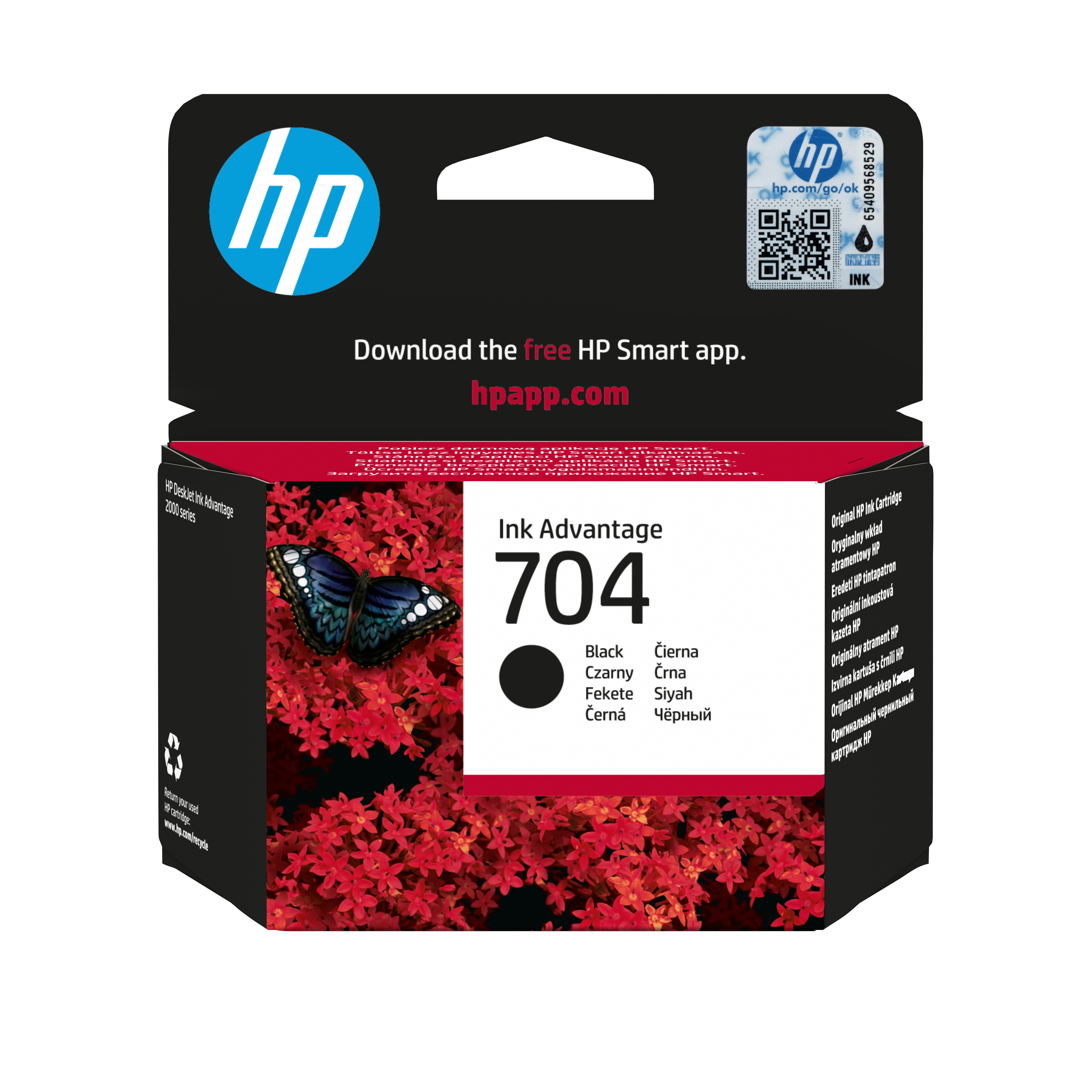 Opakowanie czarnego tuszu HP Ink Advantage 704 z motylem na czerwonych kwiatach.