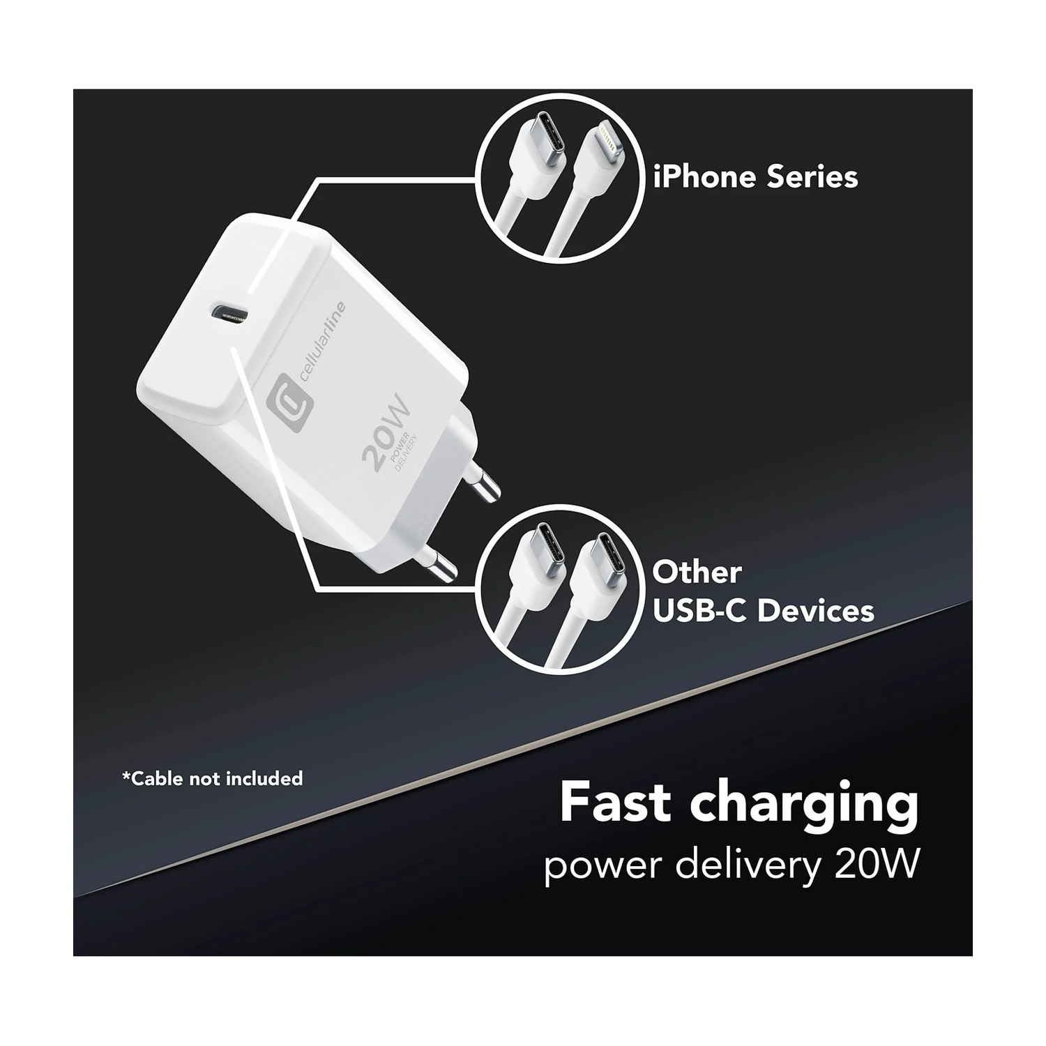 Cellularline Caricabatterie Da Rete USB-C 20W + Cavo USB-C To Lightning 100cm – Kit Di Ricarica Veloce Per IPhone 8 E Successivi, IPad E MacBook
