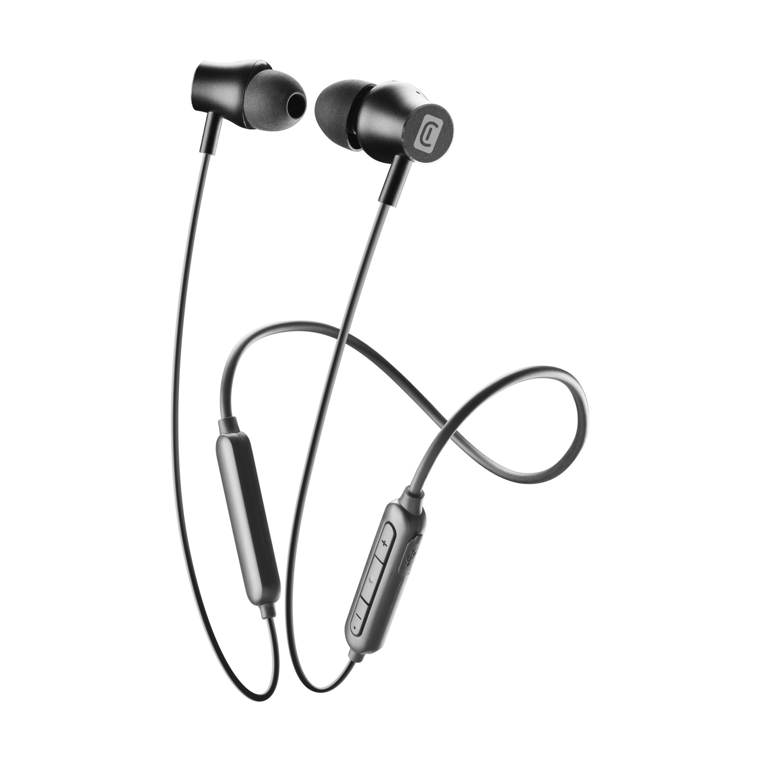 Auricolari neri con cavo e telecomando, su sfondo bianco.